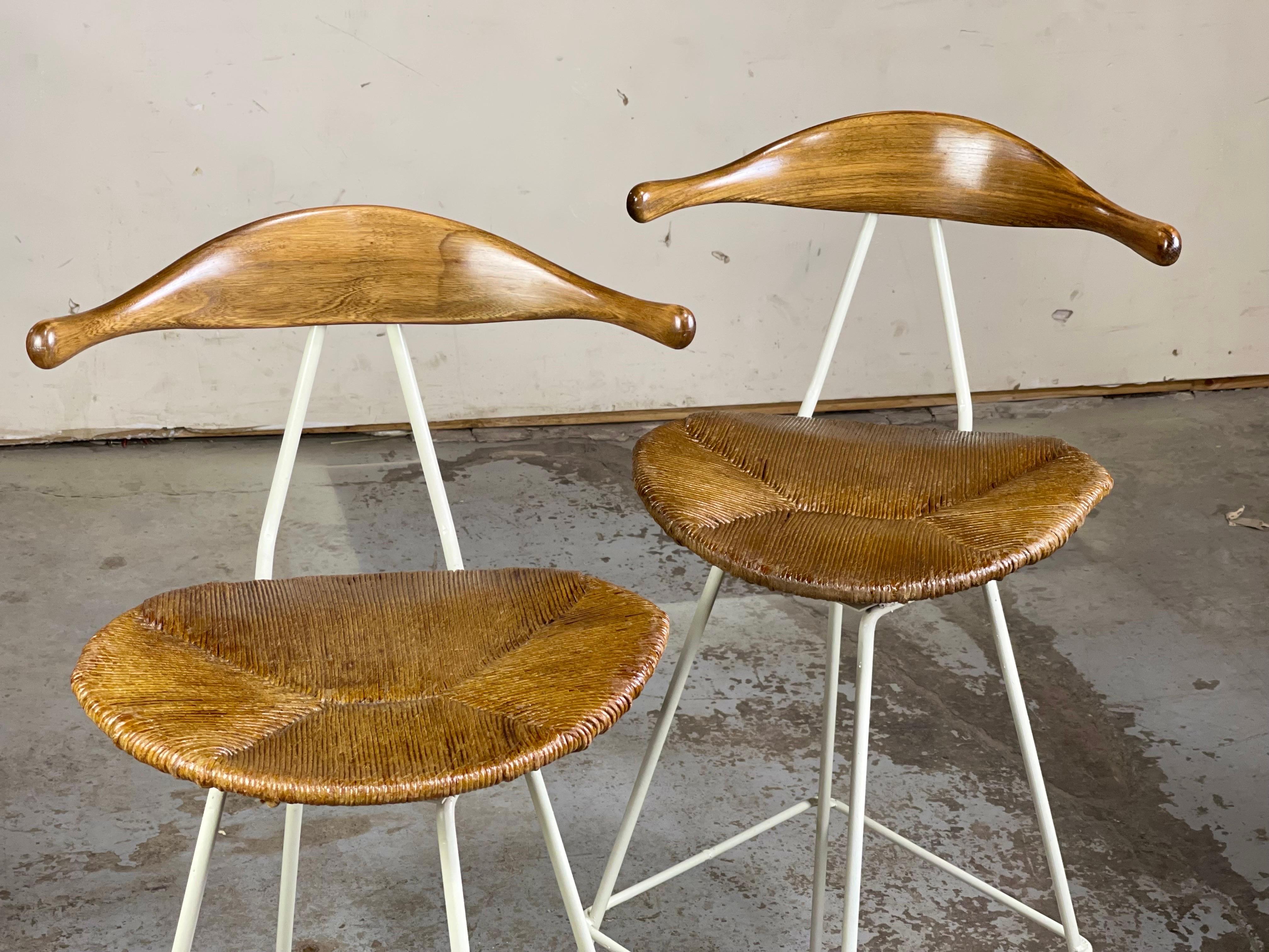 Very rare pair of Mid-Century Modern Cow-horn swivel Barstools by Arthur Umanoff - 1950's. I have seen this back before - but not on this base, which is a common base for Umanoff. I think this base combo looks incredible. Much better than Hans