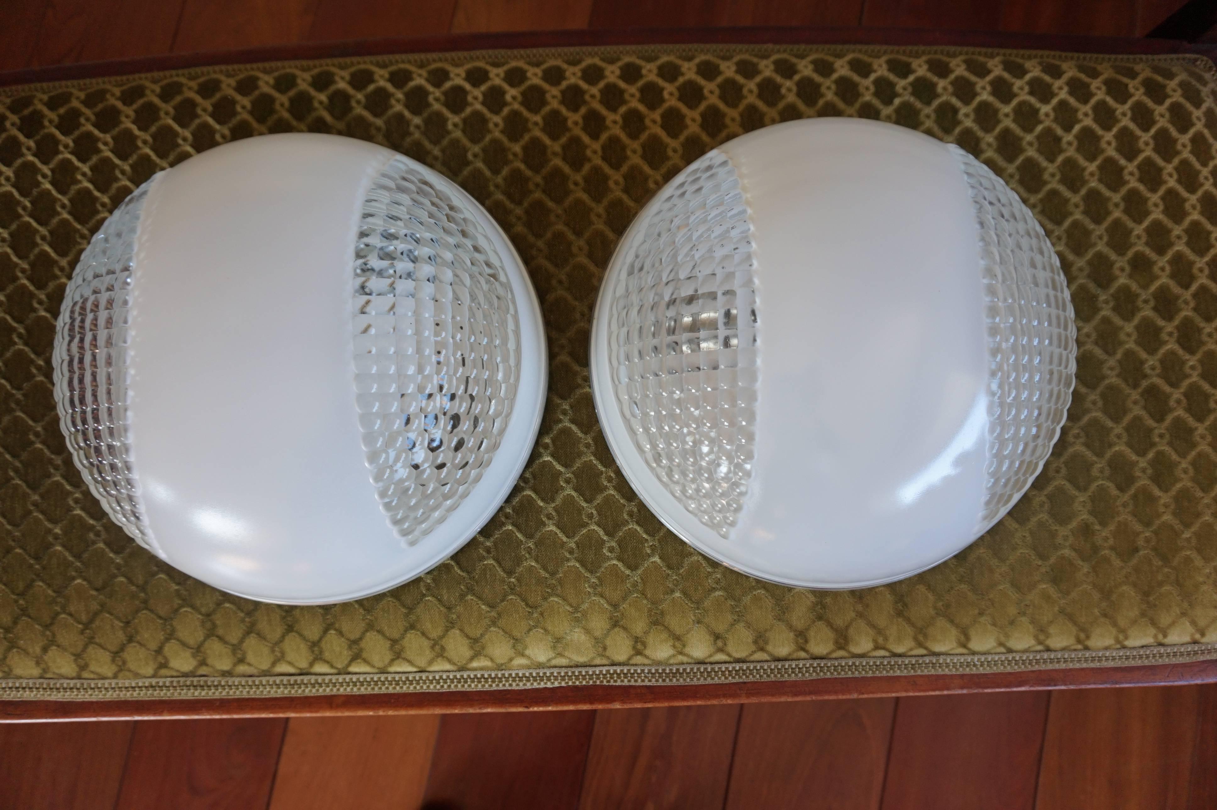 Rare Pair of Midcentury Modern French Holophane Flush Mounts 'emaille au four' For Sale 6