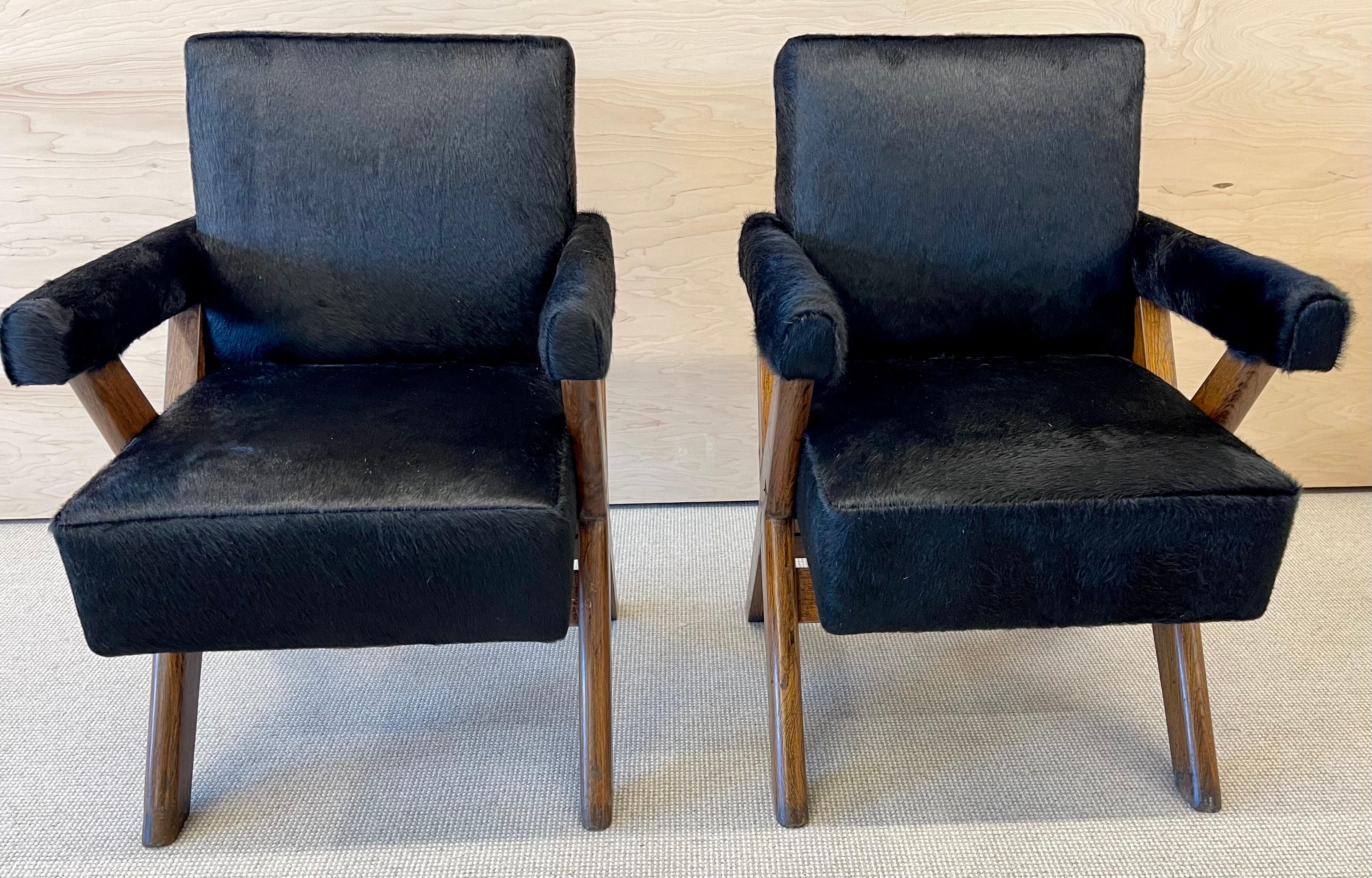 Cowhide Pair of Mid-Century Modern Upholstered ‘Committee’ Chairs Attr. Pierre Jeanneret