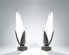 Rare Pair of Mid-Century Roger Rougier Floor Lamps Brass Lacquer, 1970s