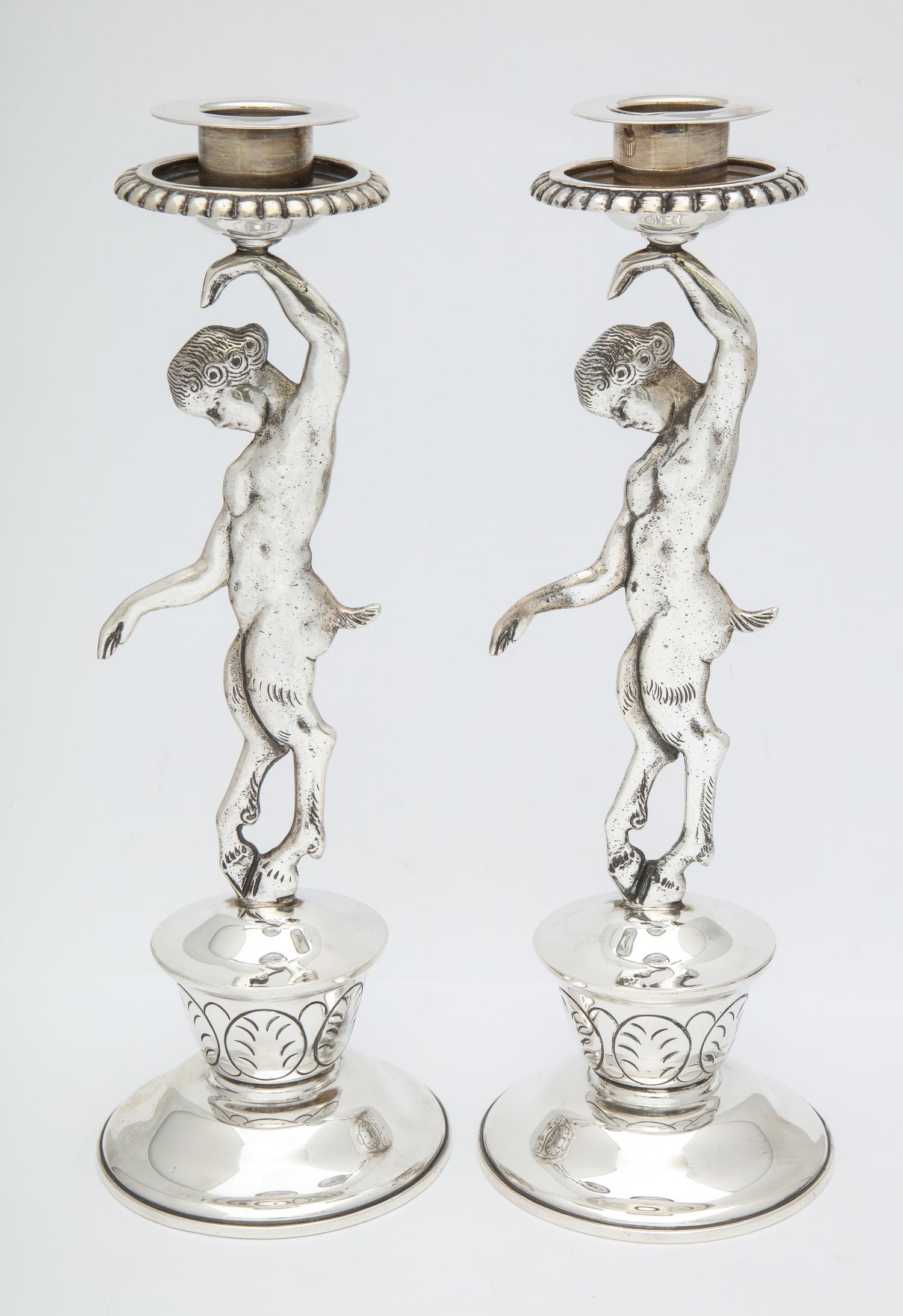Neoclassical Rare Pair of Midcentury Sterling Silver Mexican Satyr-Form Candlesticks