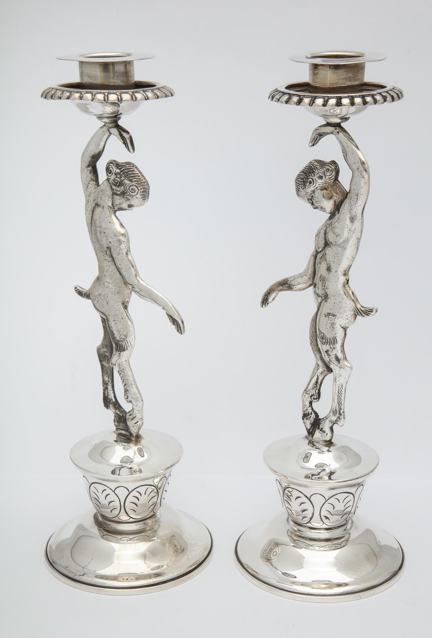 Rare Pair of Midcentury Sterling Silver Mexican Satyr-Form Candlesticks 1