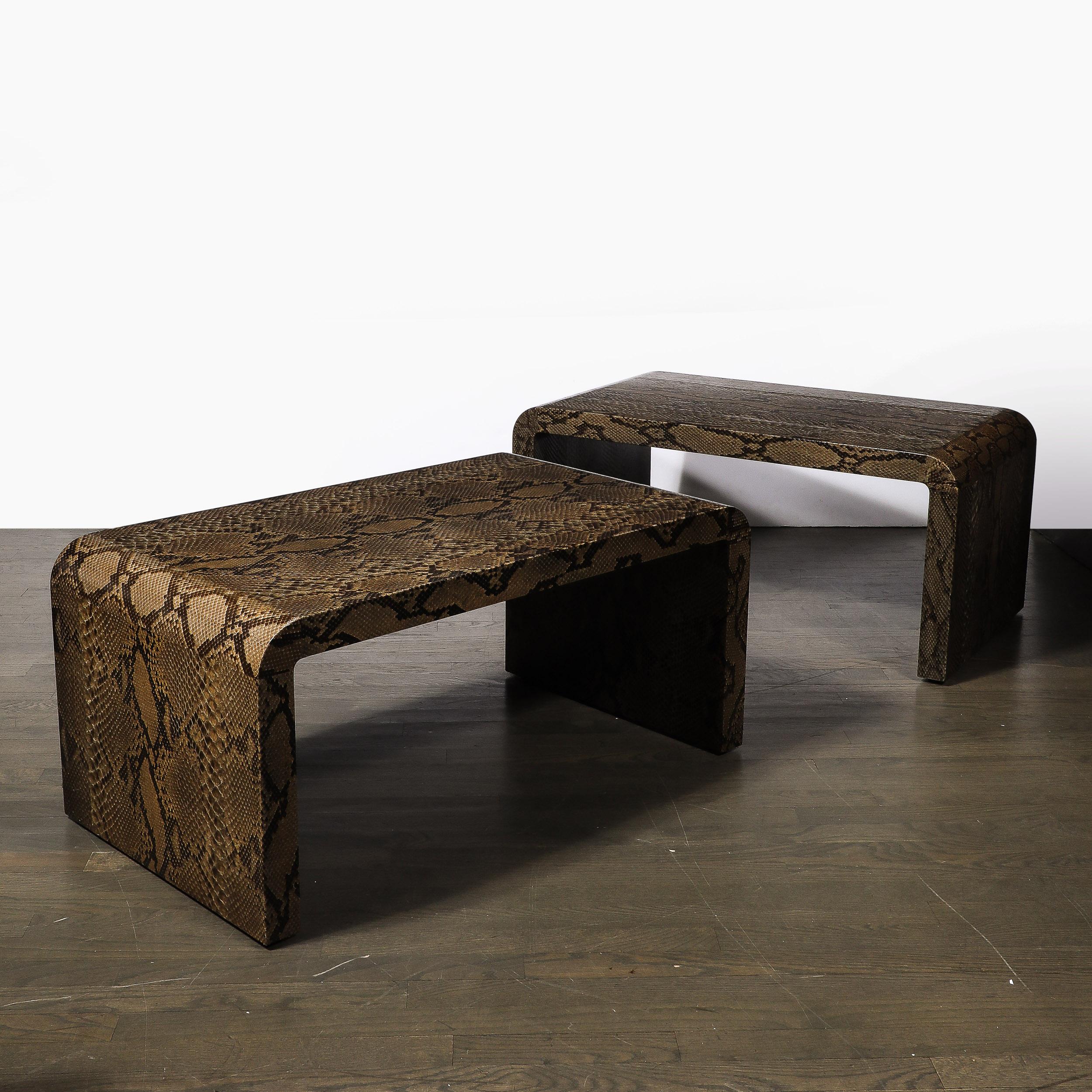 Mid-Century Modern Rare Pair of Mid-Century Waterfall  Side Tables in Python, Signed Karl Springer For Sale