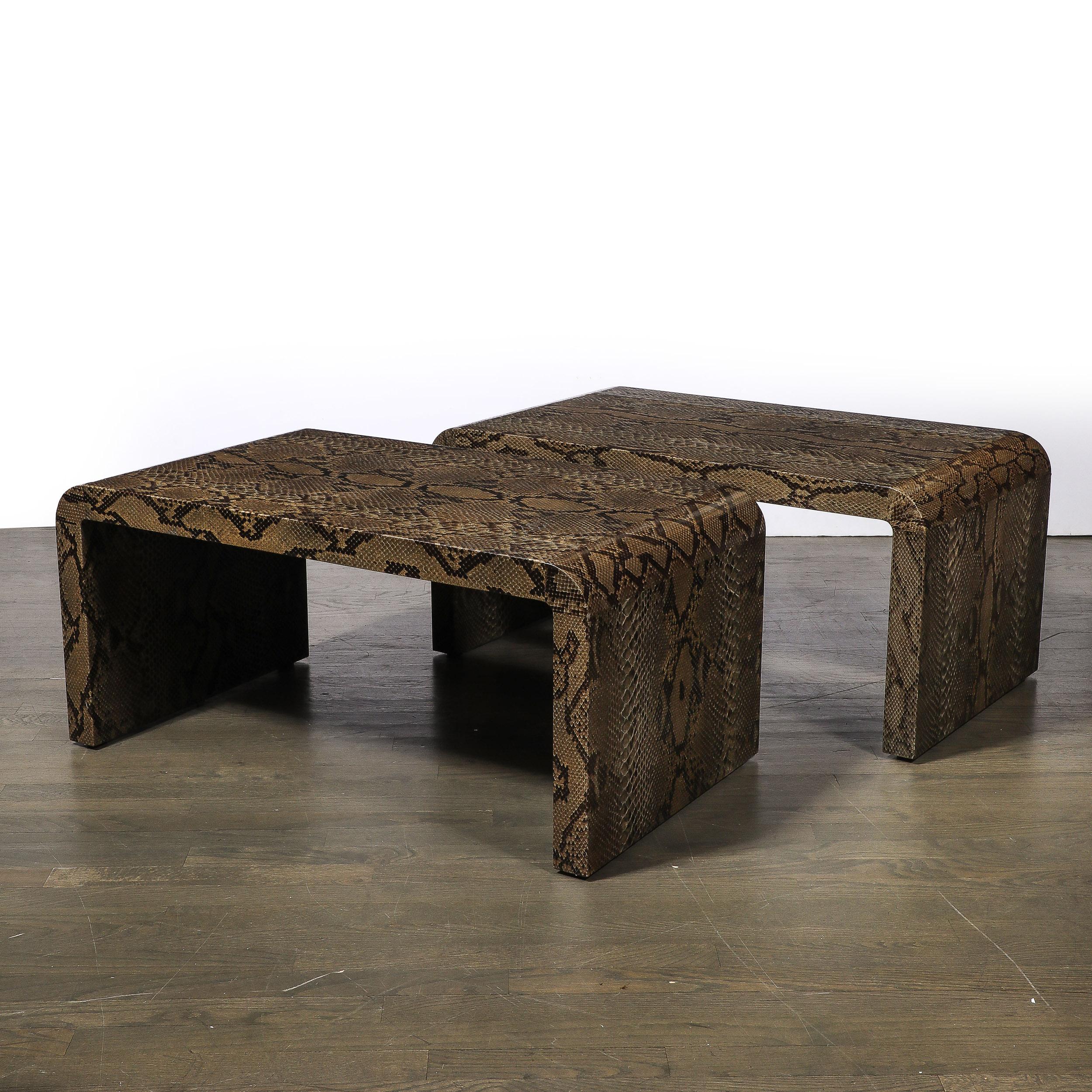 American Rare Pair of Mid-Century Waterfall  Side Tables in Python, Signed Karl Springer For Sale