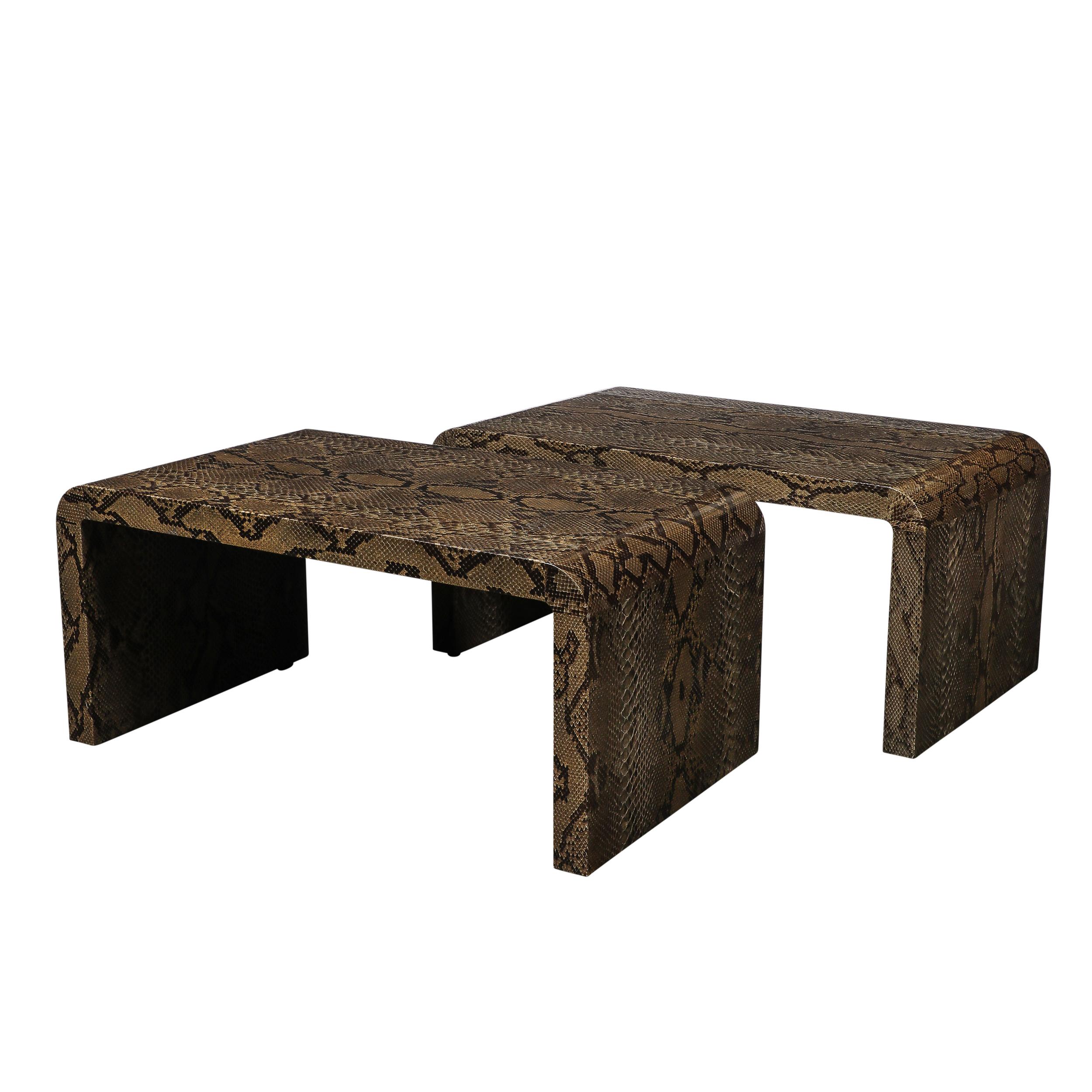 Rare Pair of Mid-Century Waterfall  Side Tables in Python, Signed Karl Springer For Sale