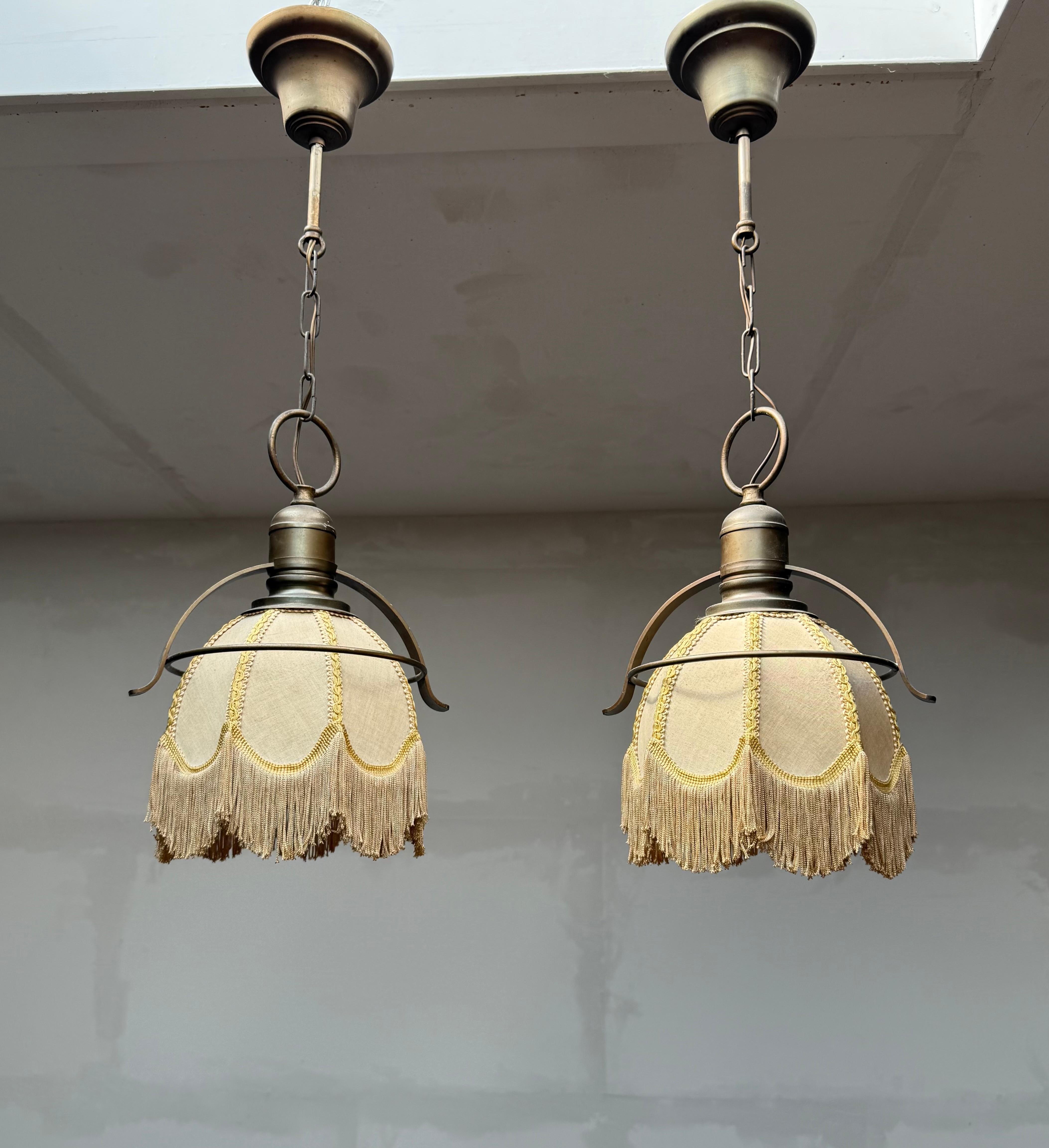 Rare Pair of Midcentury Brass & Fabric Pendant Lamps with Fringe Shades, 1950s For Sale 3