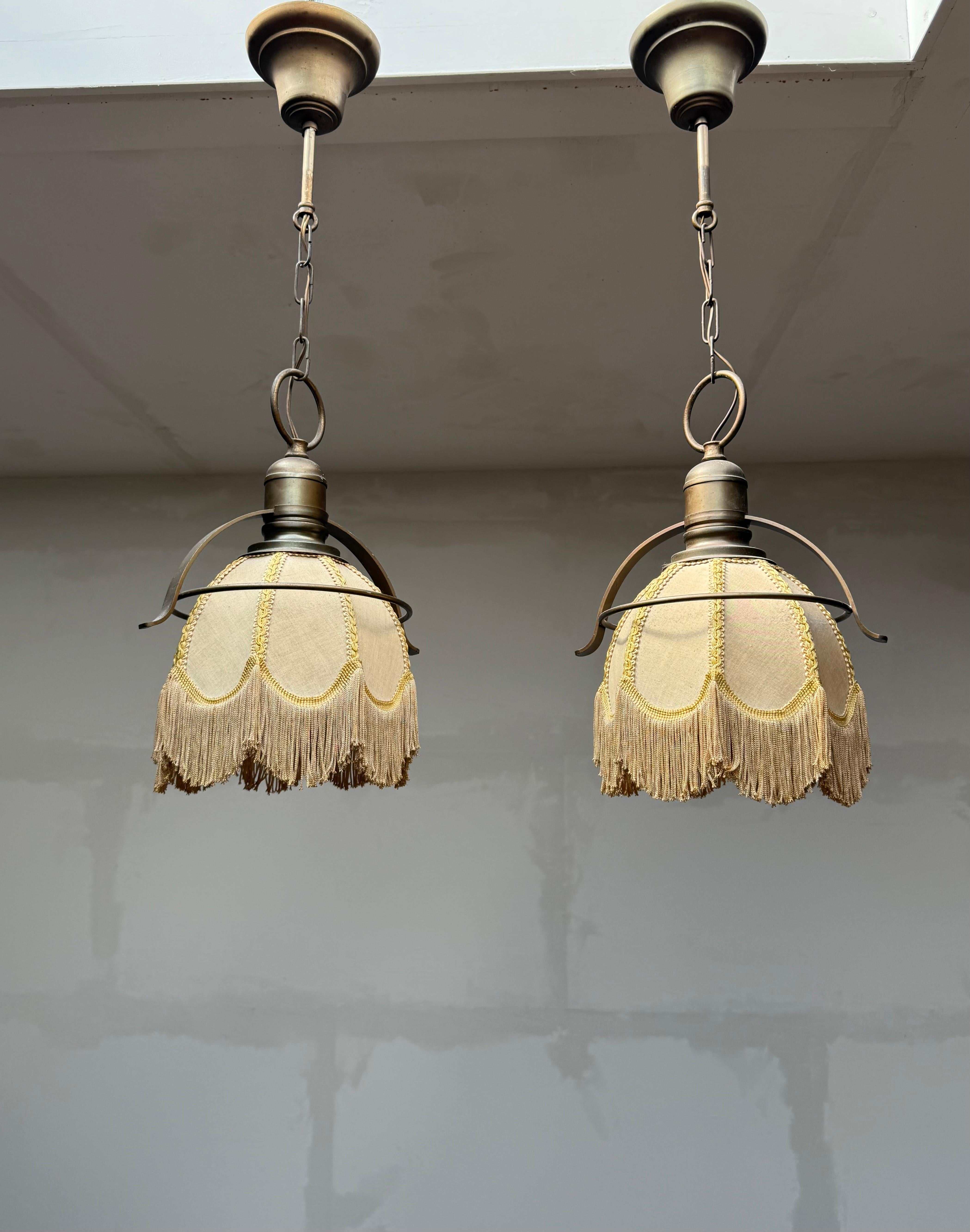 Rare Pair of Midcentury Brass & Fabric Pendant Lamps with Fringe Shades, 1950s For Sale 4