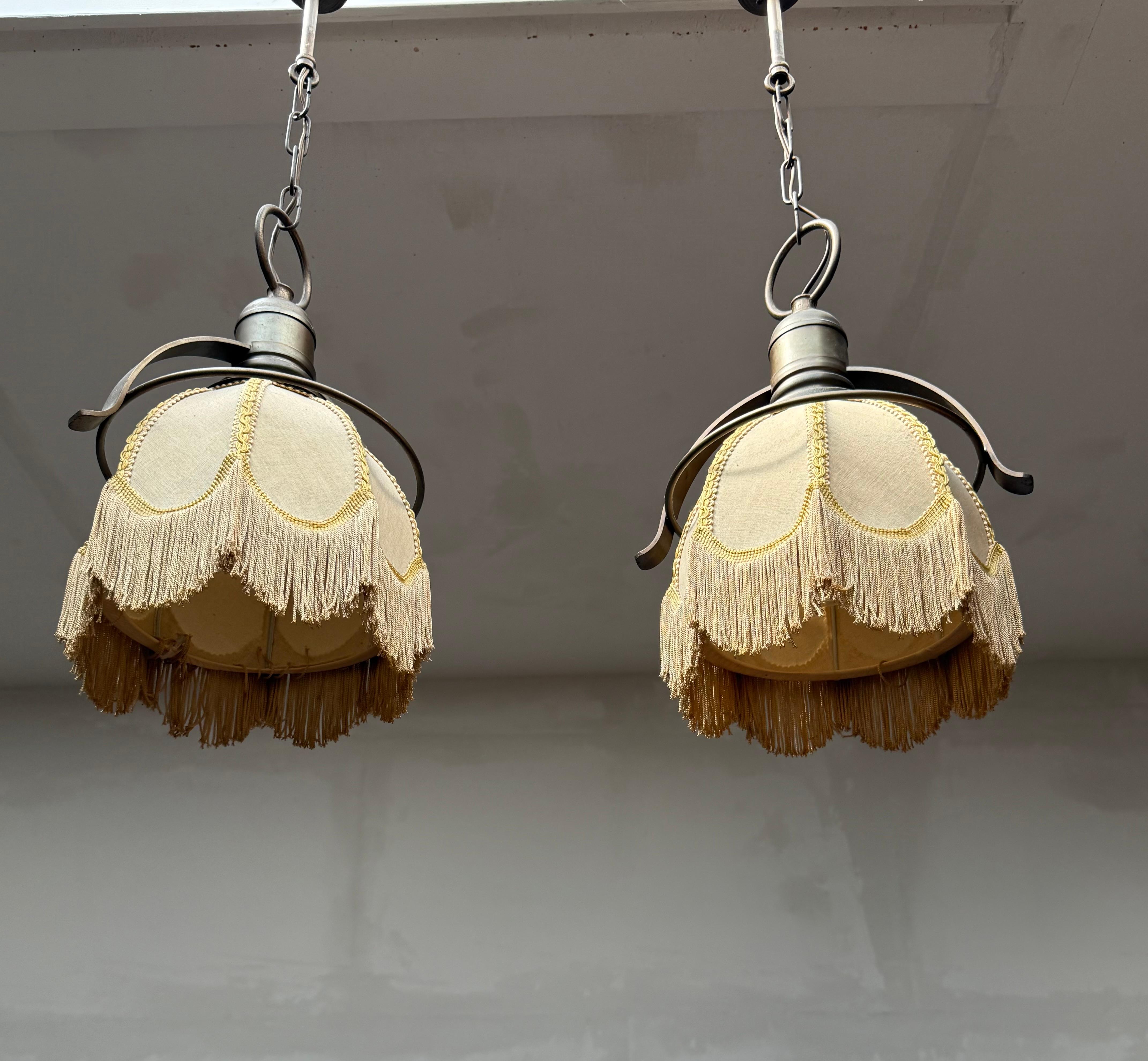 Rare Pair of Midcentury Brass & Fabric Pendant Lamps with Fringe Shades, 1950s For Sale 5