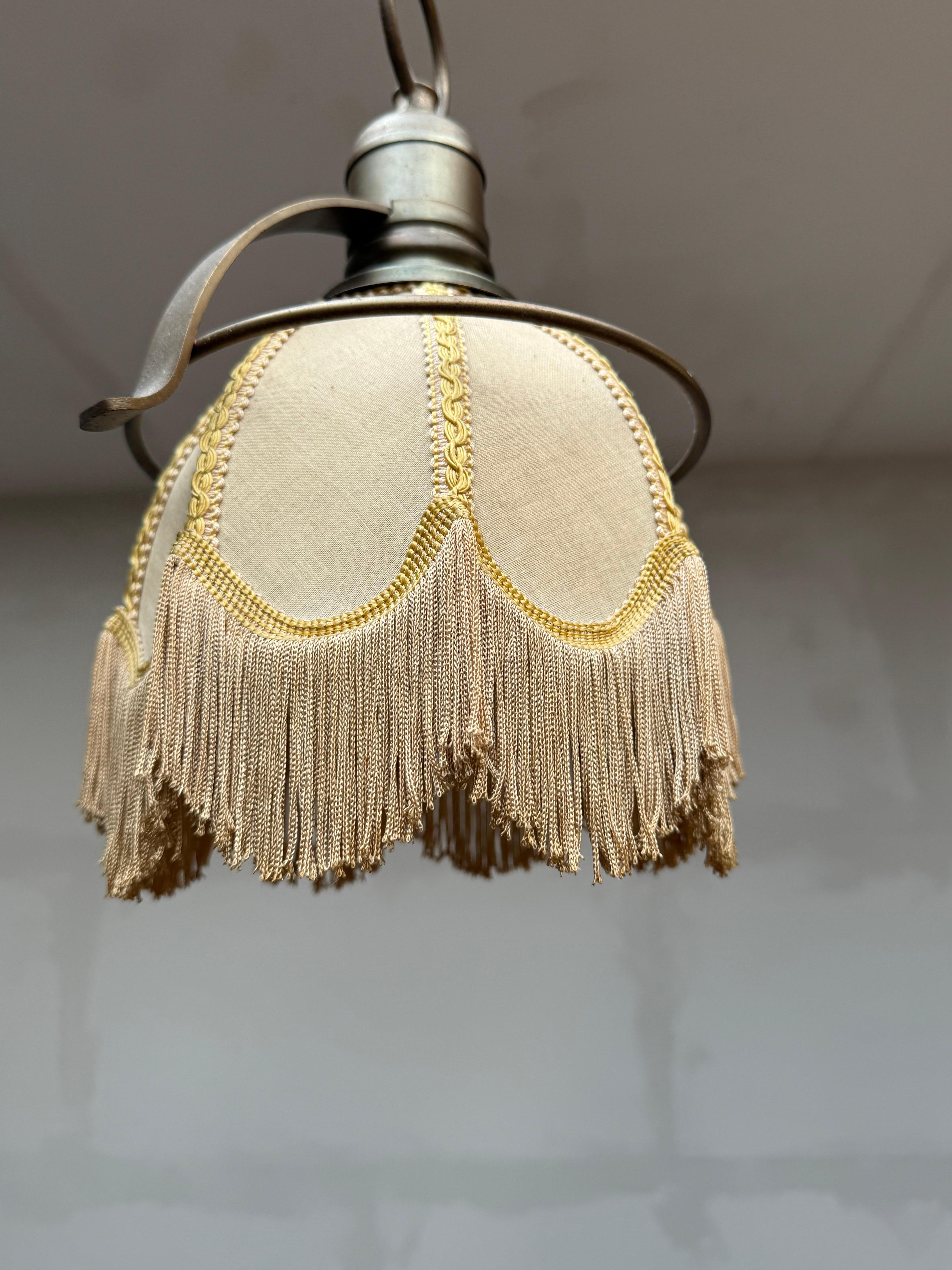 Rare Pair of Midcentury Brass & Fabric Pendant Lamps with Fringe Shades, 1950s For Sale 6