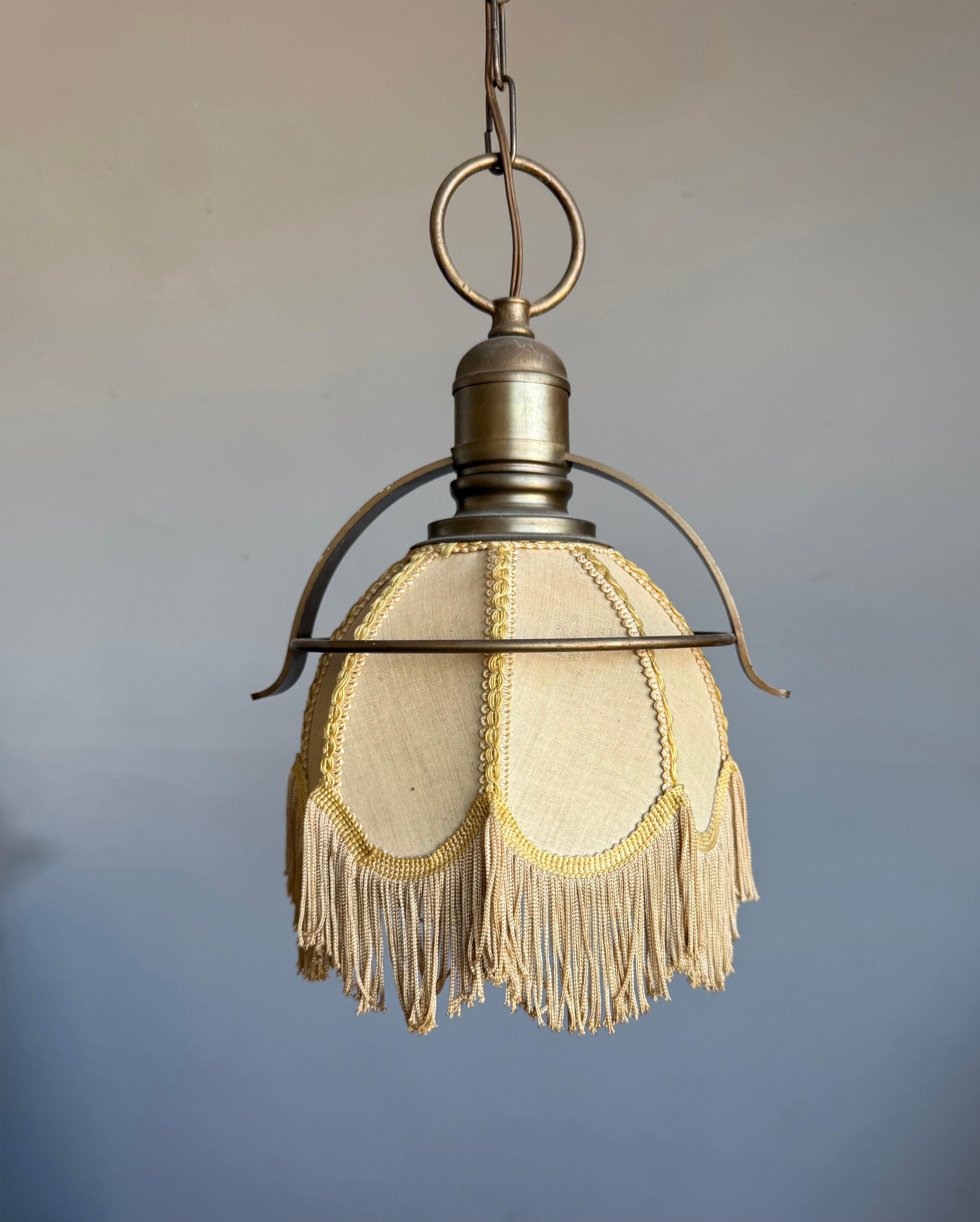 Rare Pair of Midcentury Brass & Fabric Pendant Lamps with Fringe Shades, 1950s For Sale 8