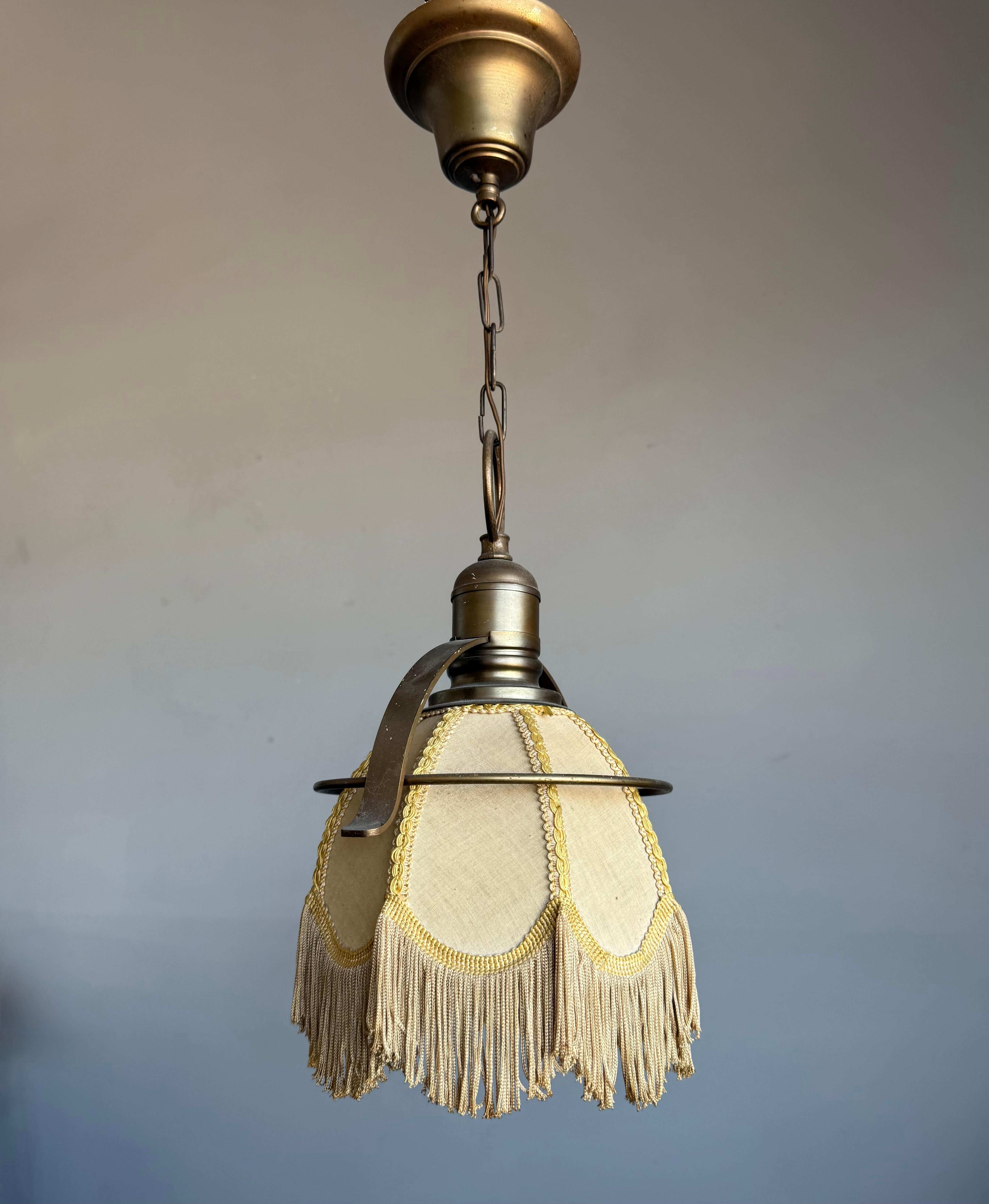 Rare Pair of Midcentury Brass & Fabric Pendant Lamps with Fringe Shades, 1950s For Sale 9
