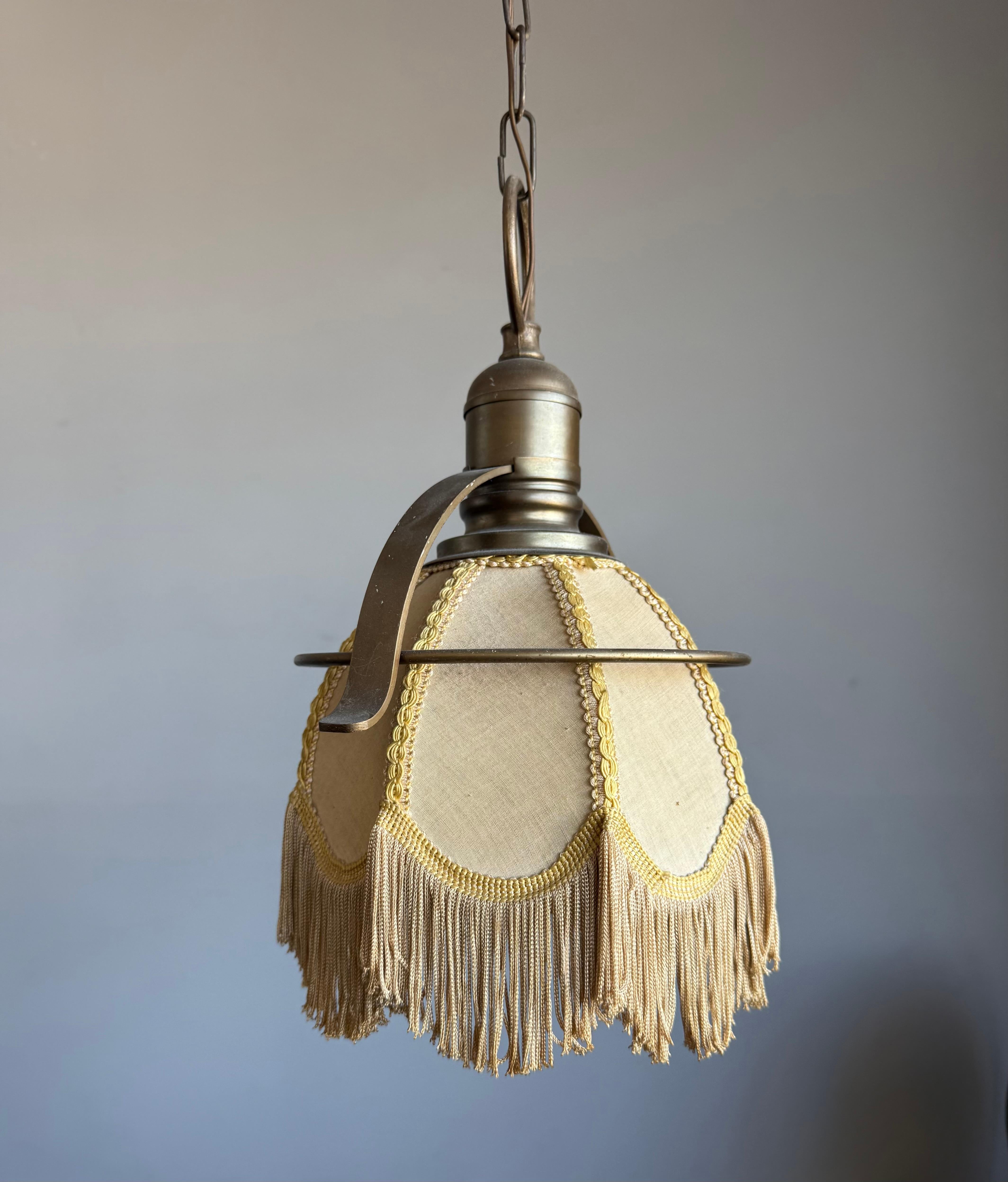 Rare Pair of Midcentury Brass & Fabric Pendant Lamps with Fringe Shades, 1950s For Sale 10