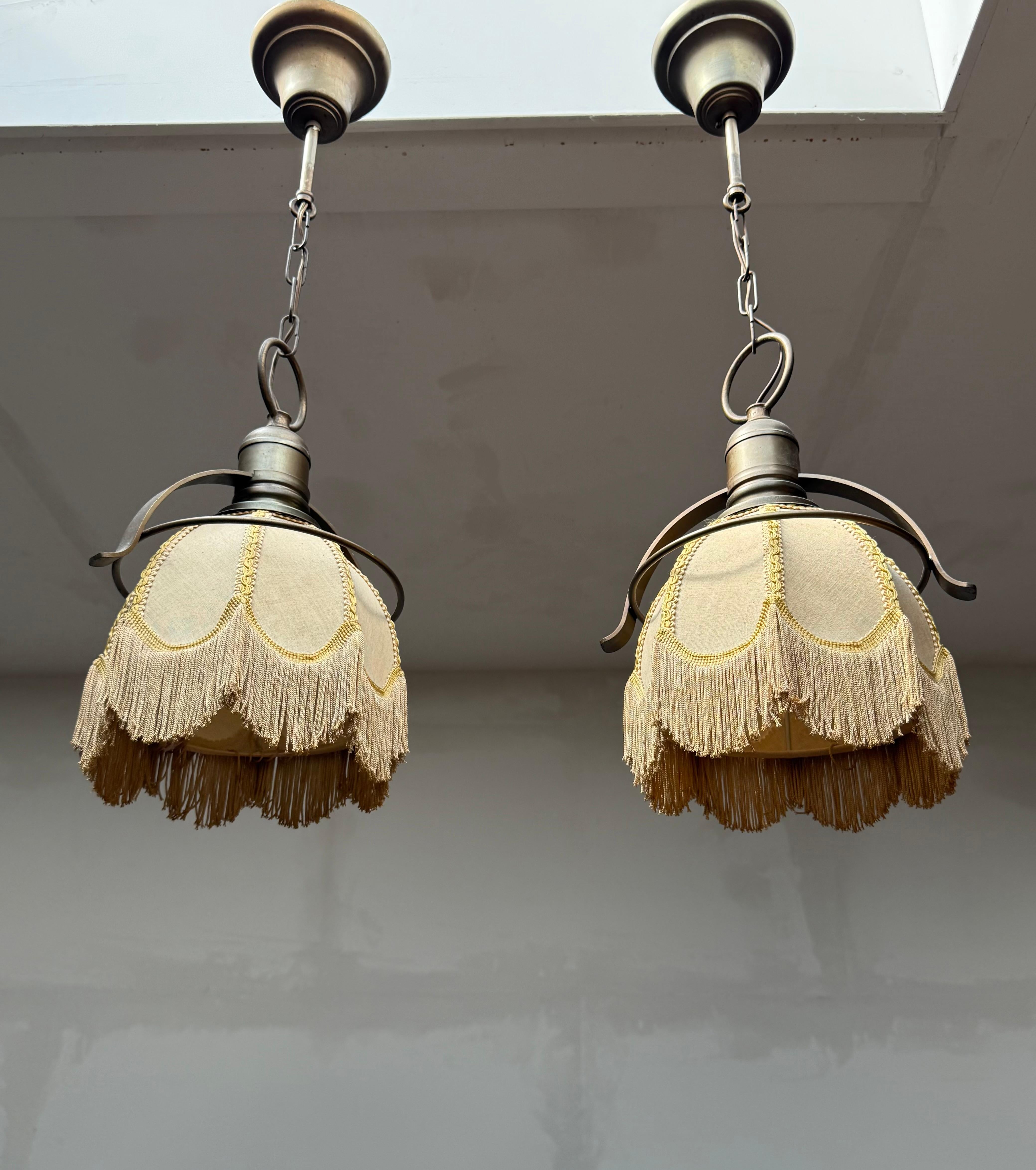 Mid-Century Modern Rare Pair of Midcentury Brass & Fabric Pendant Lamps with Fringe Shades, 1950s For Sale