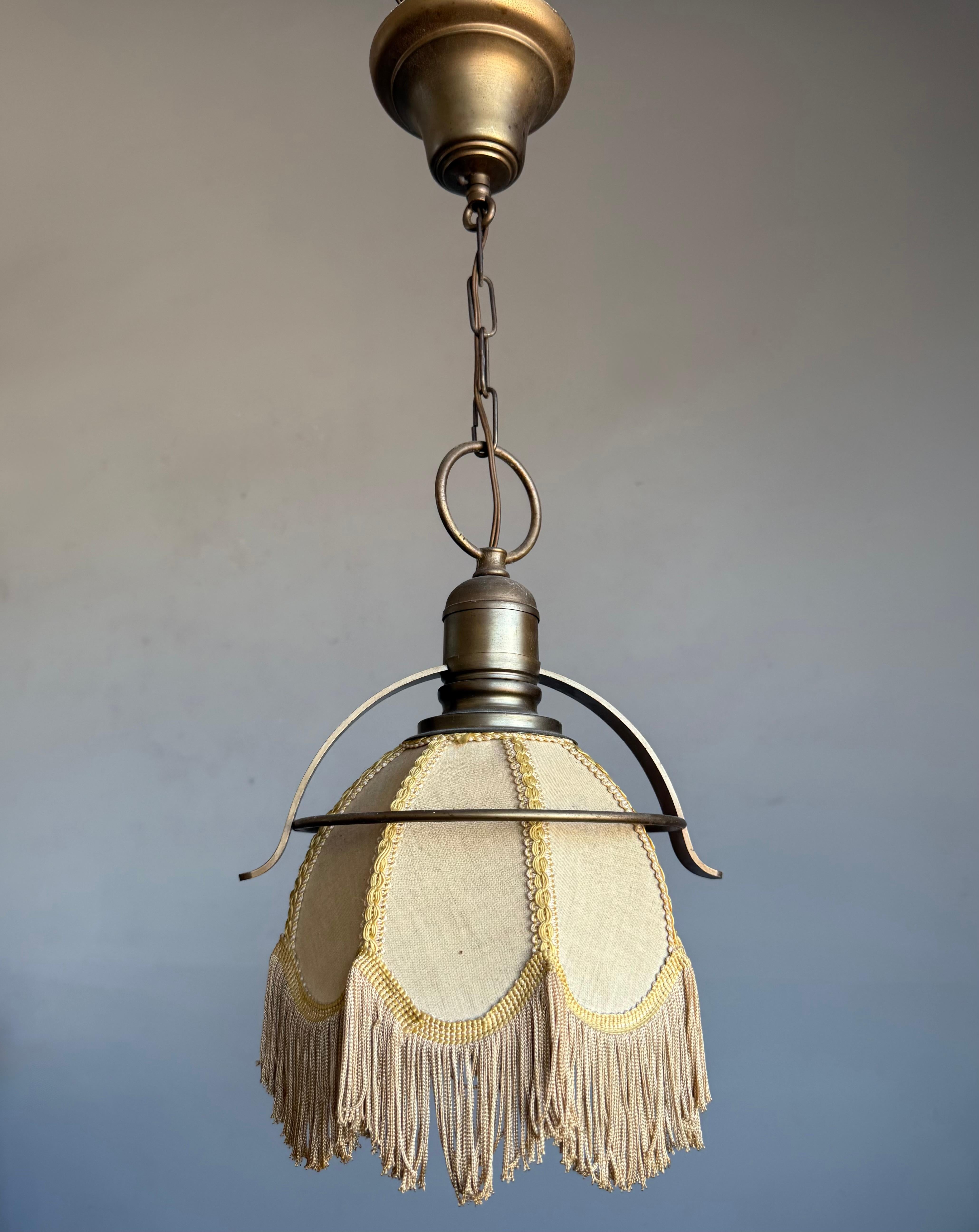 European Rare Pair of Midcentury Brass & Fabric Pendant Lamps with Fringe Shades, 1950s For Sale