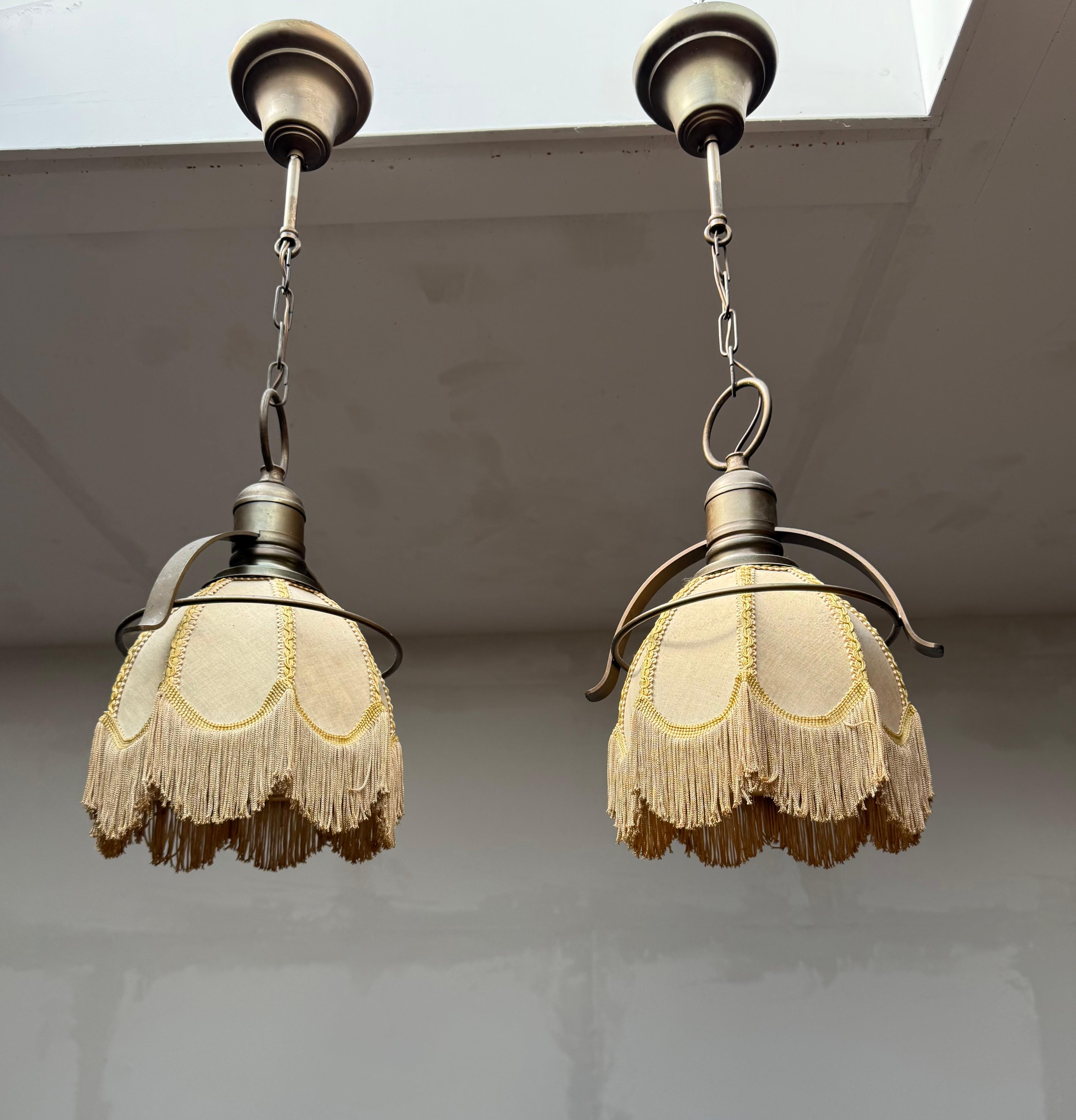 Cast Rare Pair of Midcentury Brass & Fabric Pendant Lamps with Fringe Shades, 1950s For Sale