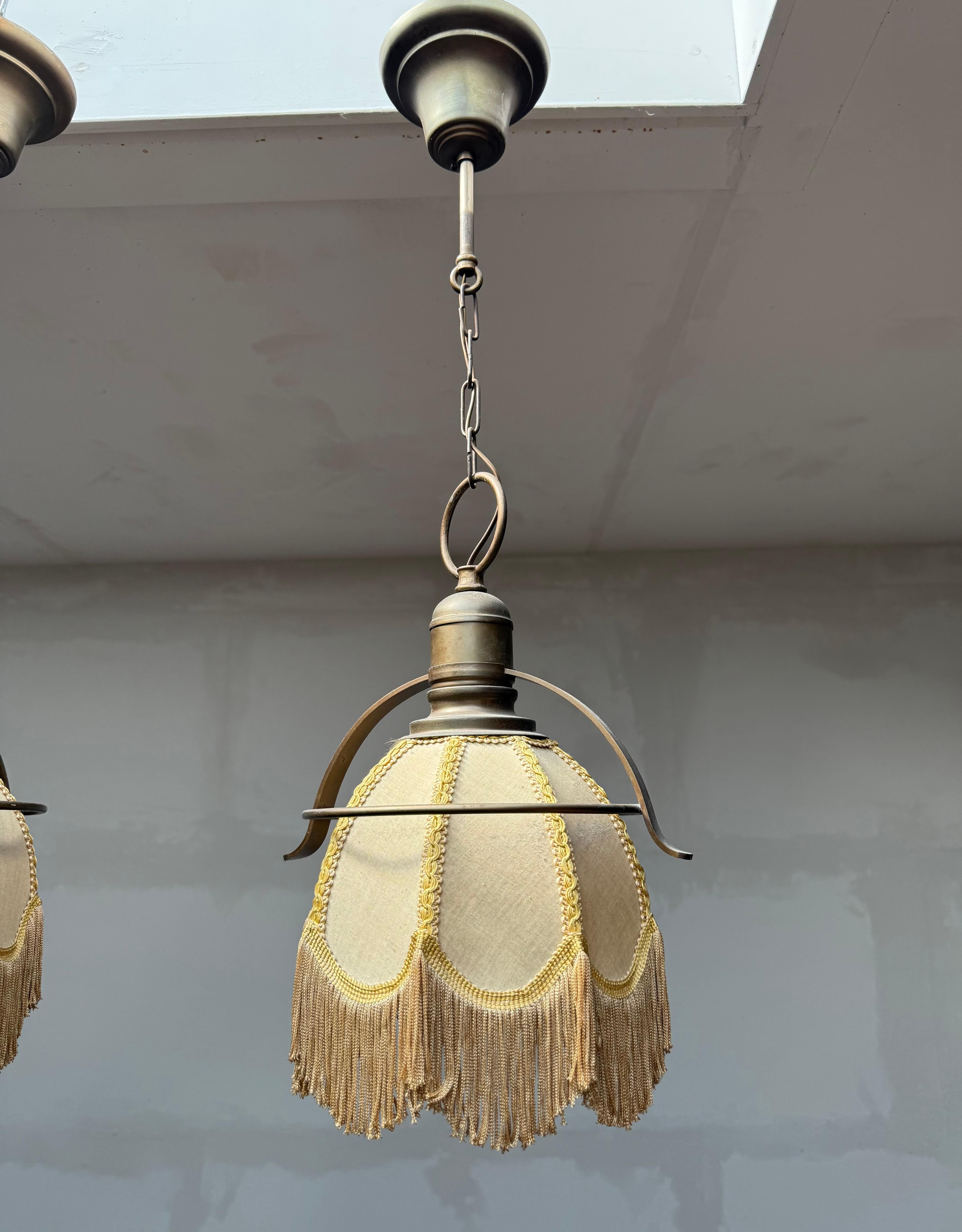 Rare Pair of Midcentury Brass & Fabric Pendant Lamps with Fringe Shades, 1950s In Good Condition For Sale In Lisse, NL