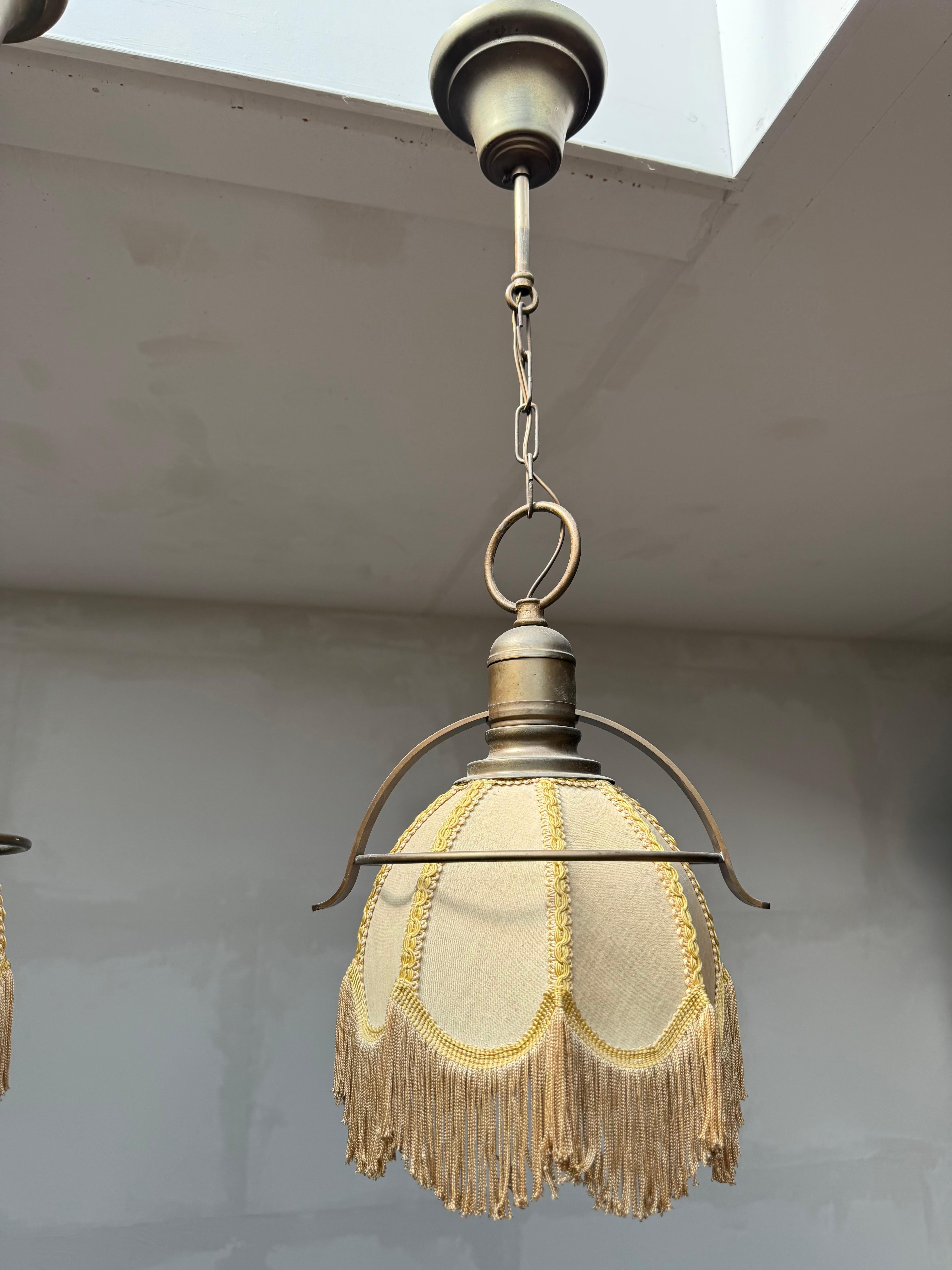 20th Century Rare Pair of Midcentury Brass & Fabric Pendant Lamps with Fringe Shades, 1950s For Sale