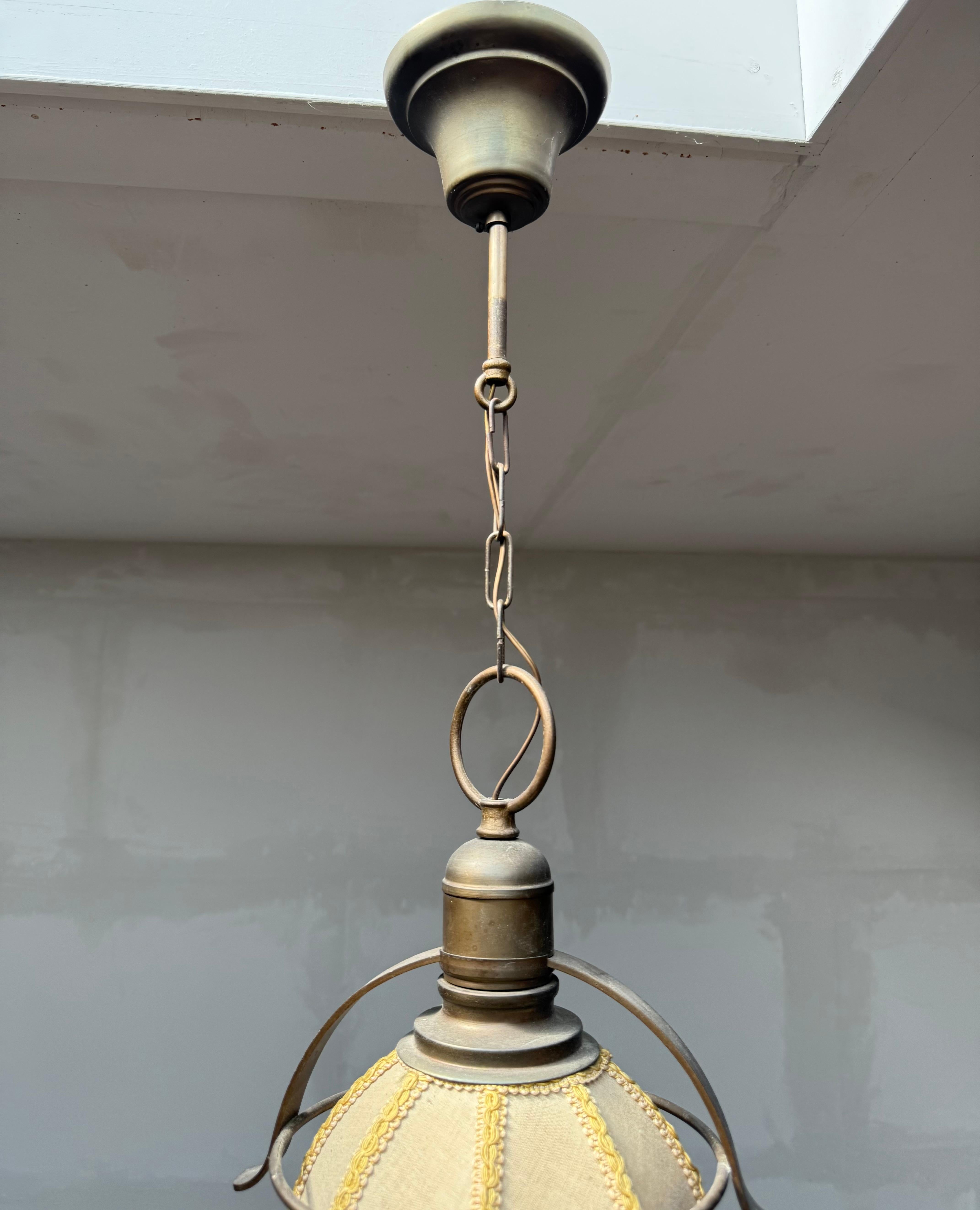 Rare Pair of Midcentury Brass & Fabric Pendant Lamps with Fringe Shades, 1950s For Sale 1