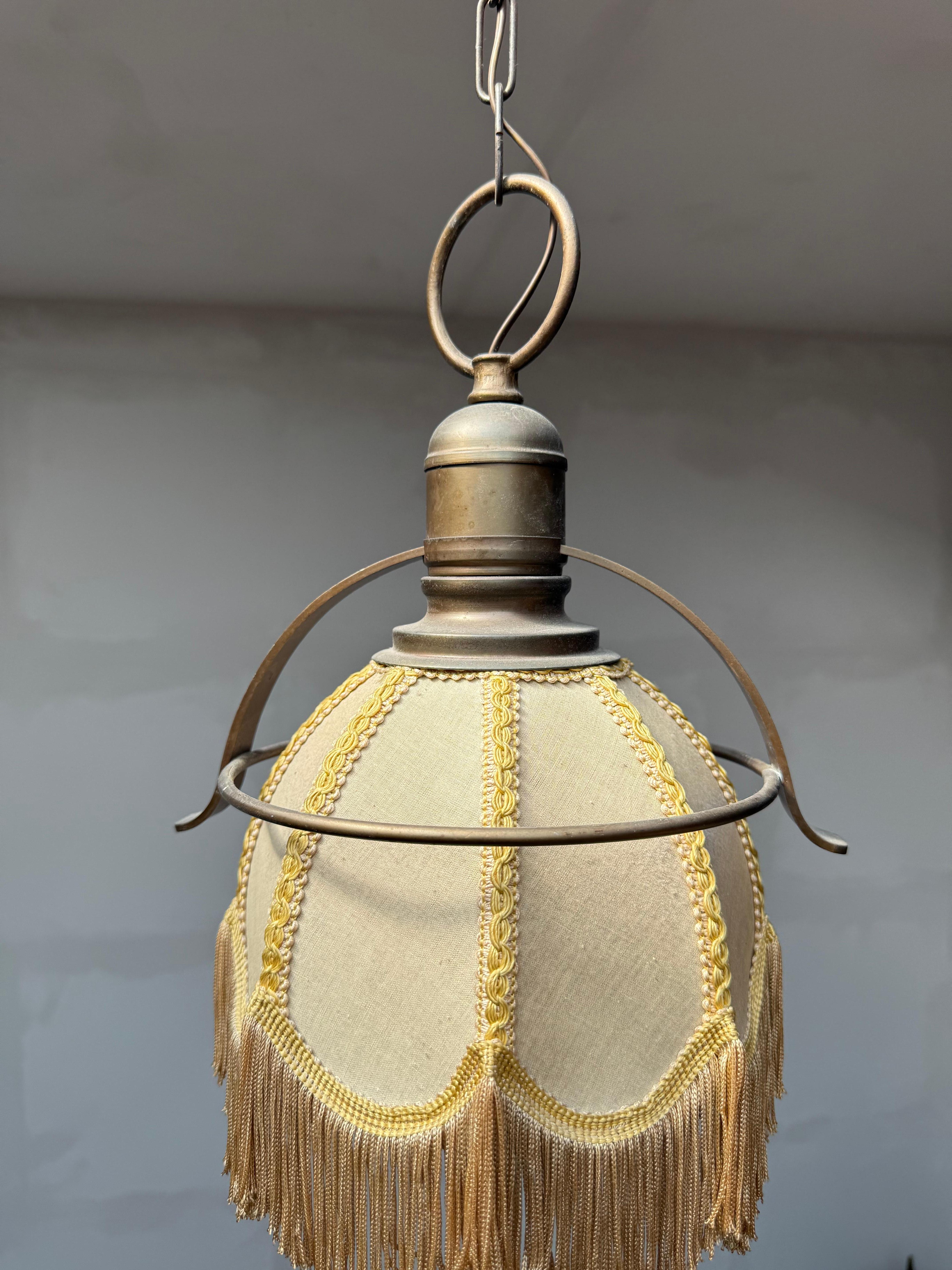 Rare Pair of Midcentury Brass & Fabric Pendant Lamps with Fringe Shades, 1950s For Sale 2