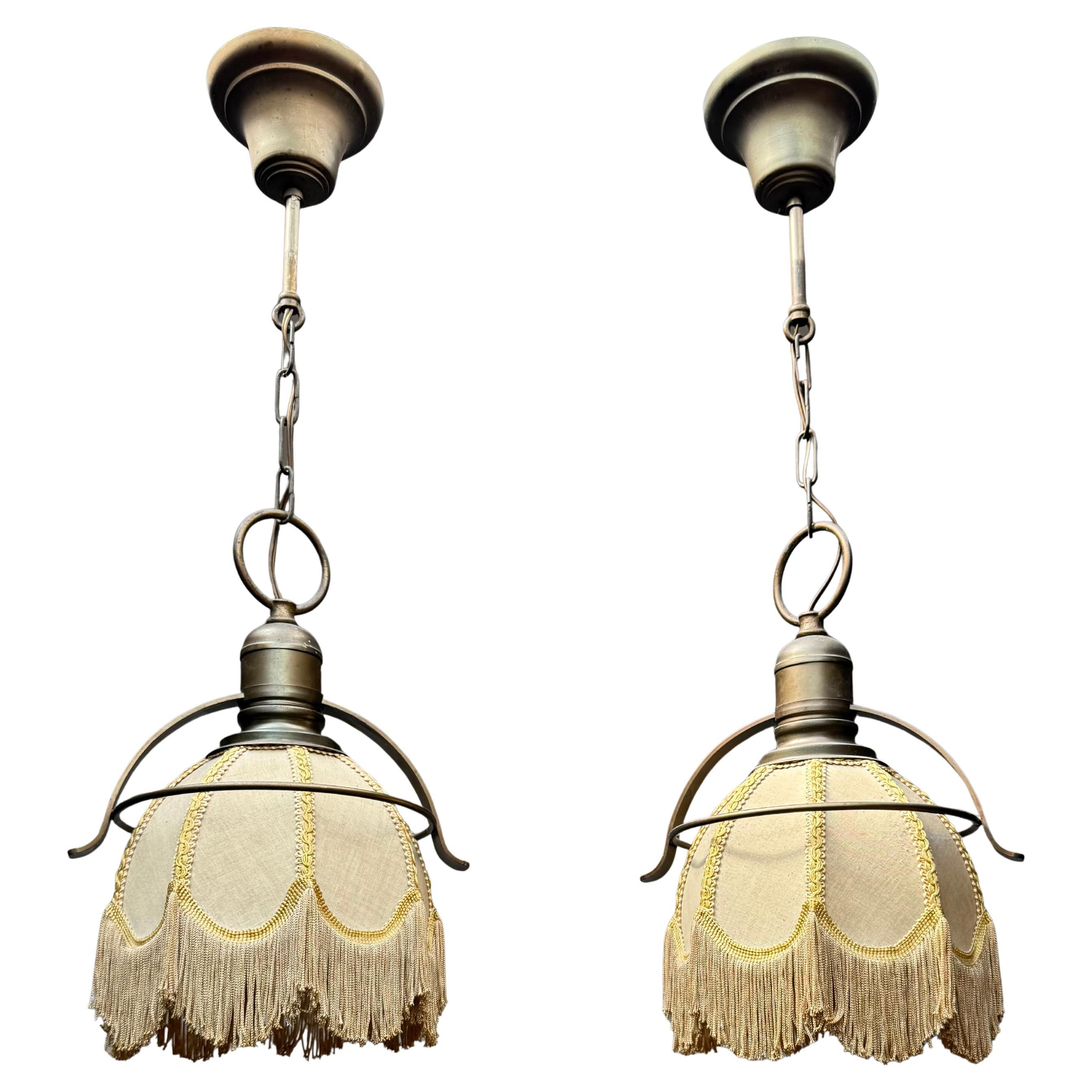 Rare Pair of Midcentury Brass & Fabric Pendant Lamps with Fringe Shades, 1950s For Sale