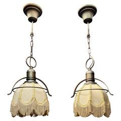 Rare Pair of Midcentury Brass & Fabric Pendant Lamps with Fringe Shades, 1950s