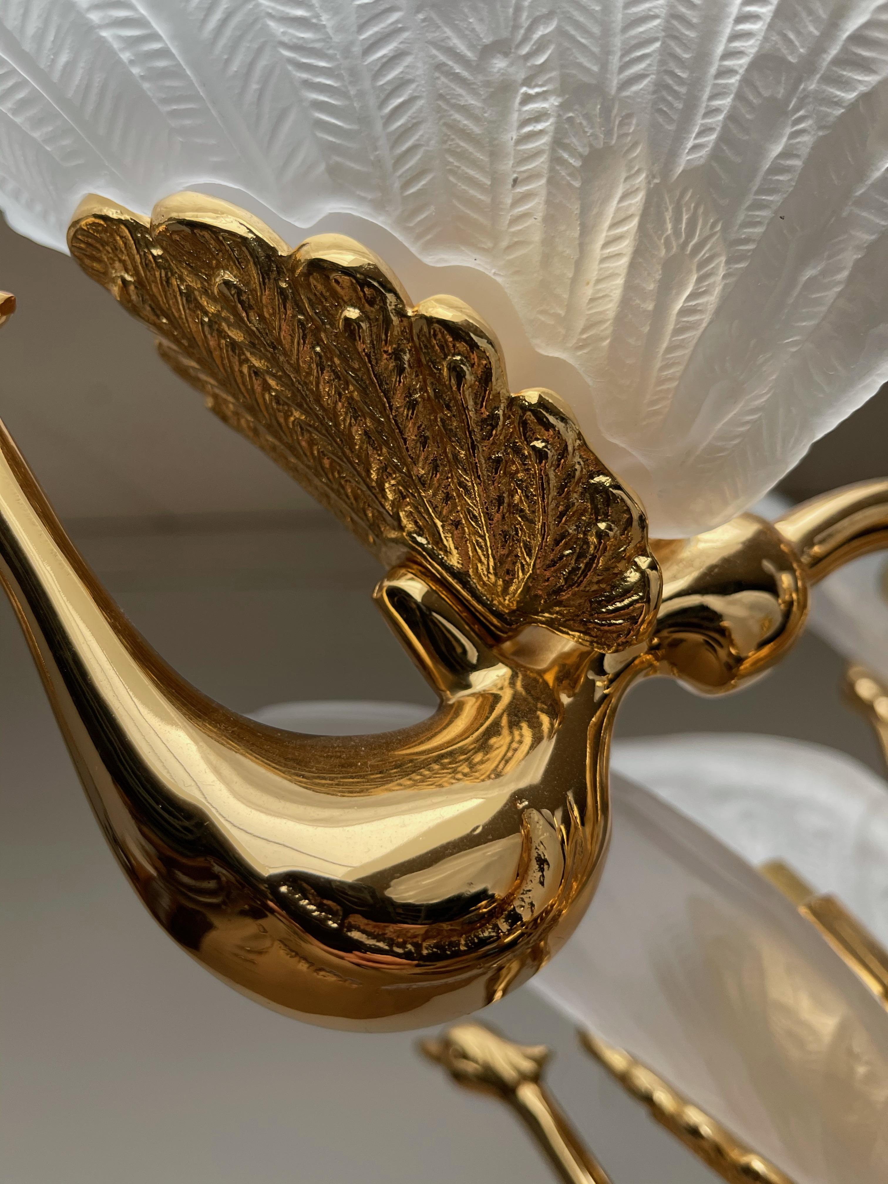 Rare Pair of Midcentury Chandeliers w. Golden Bronze & Glass Peacock Sculptures 2