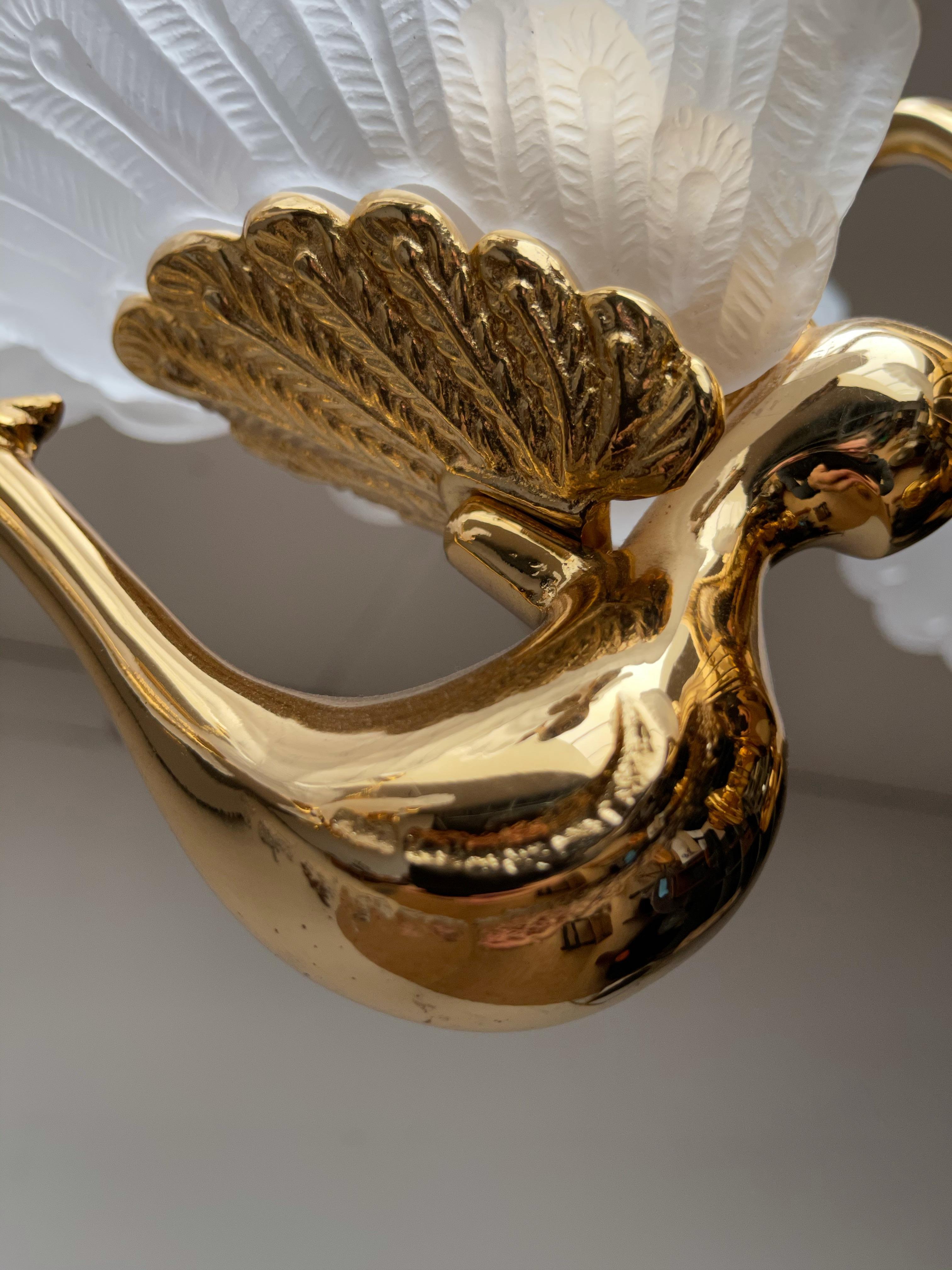 Rare Pair of Midcentury Chandeliers w. Golden Bronze & Glass Peacock Sculptures 9
