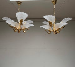 Rare Pair of Midcentury Chandeliers w. Golden Bronze & Glass Peacock Sculptures
