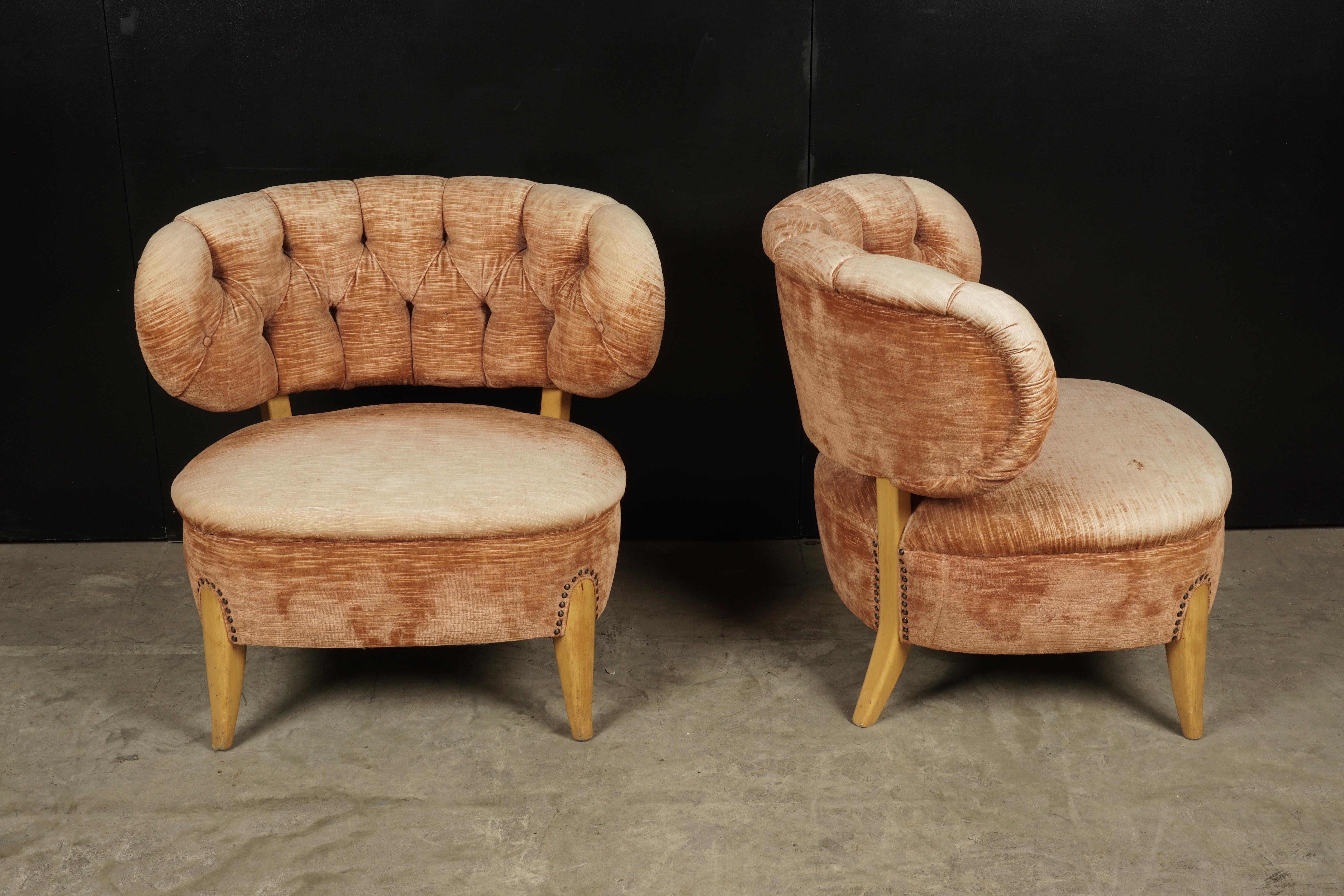Rare pair of midcentury lounge chairs designed by Otto Shultz, circa 1950. Original upholstery with birch legs. Manufactured by Boet, Sweden.