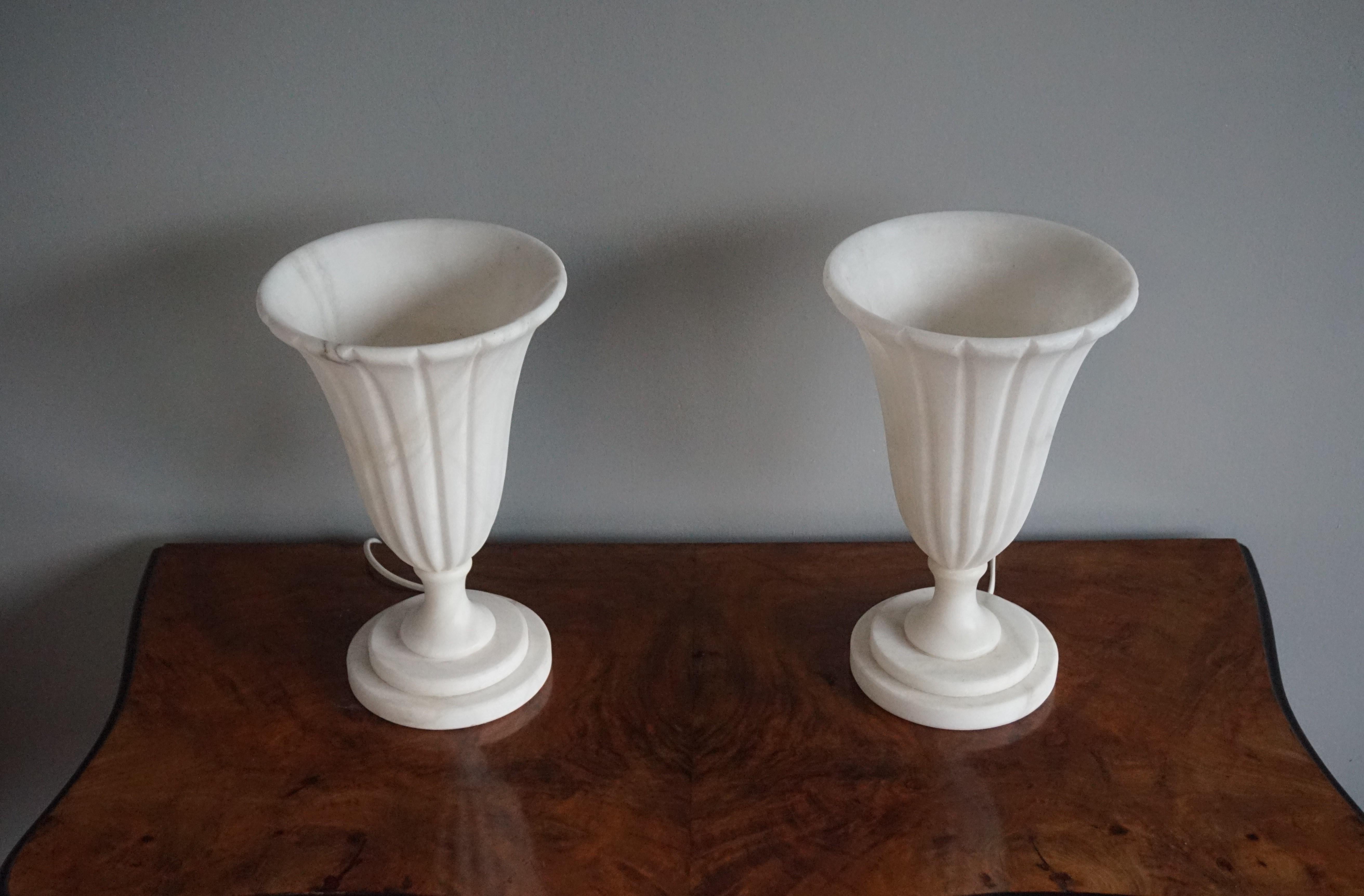 Rare Pair of Midcentury Made Alabaster Table or Desk Lamps / Classical Style For Sale 4