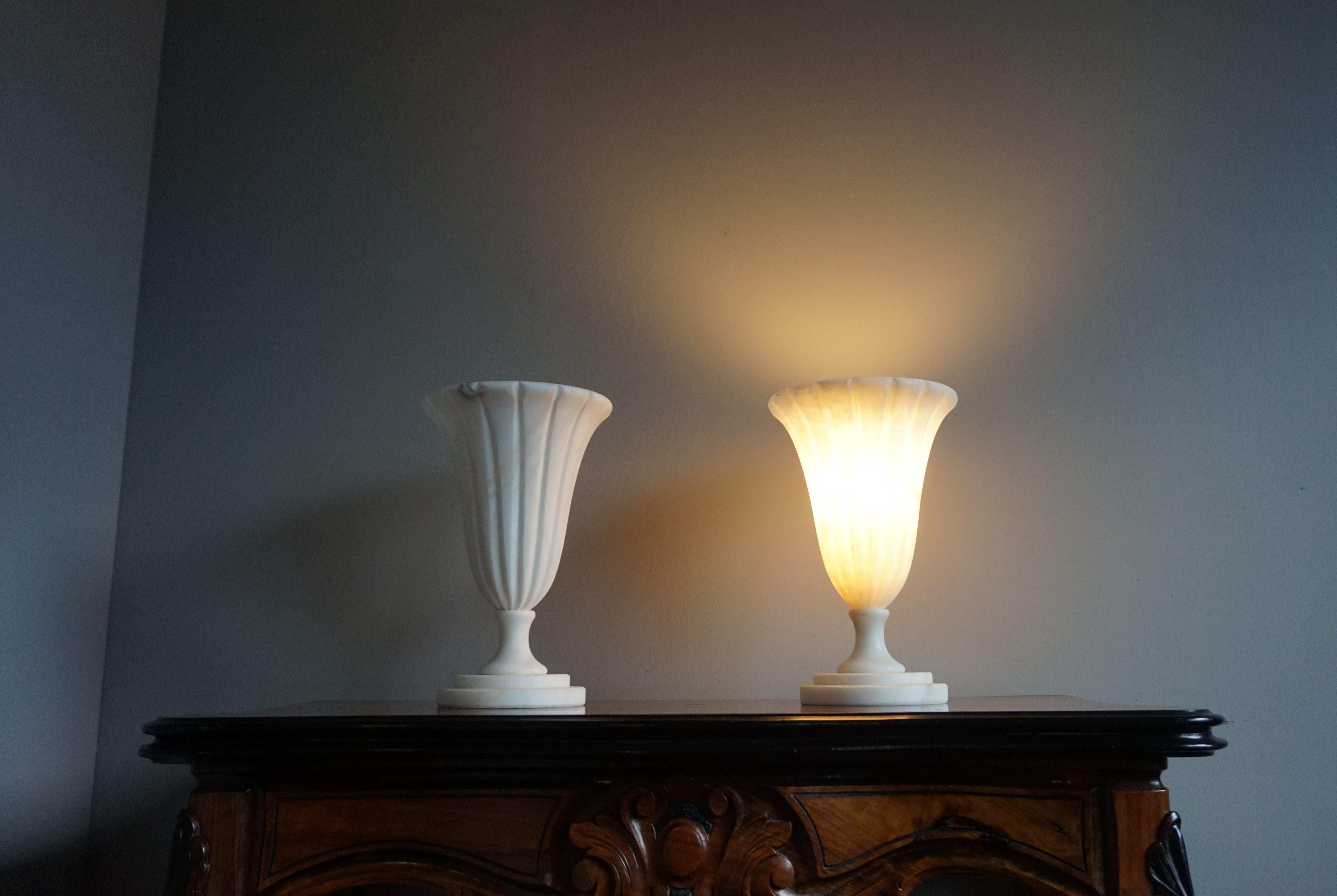 Rare Pair of Midcentury Made Alabaster Table or Desk Lamps / Classical Style For Sale 6