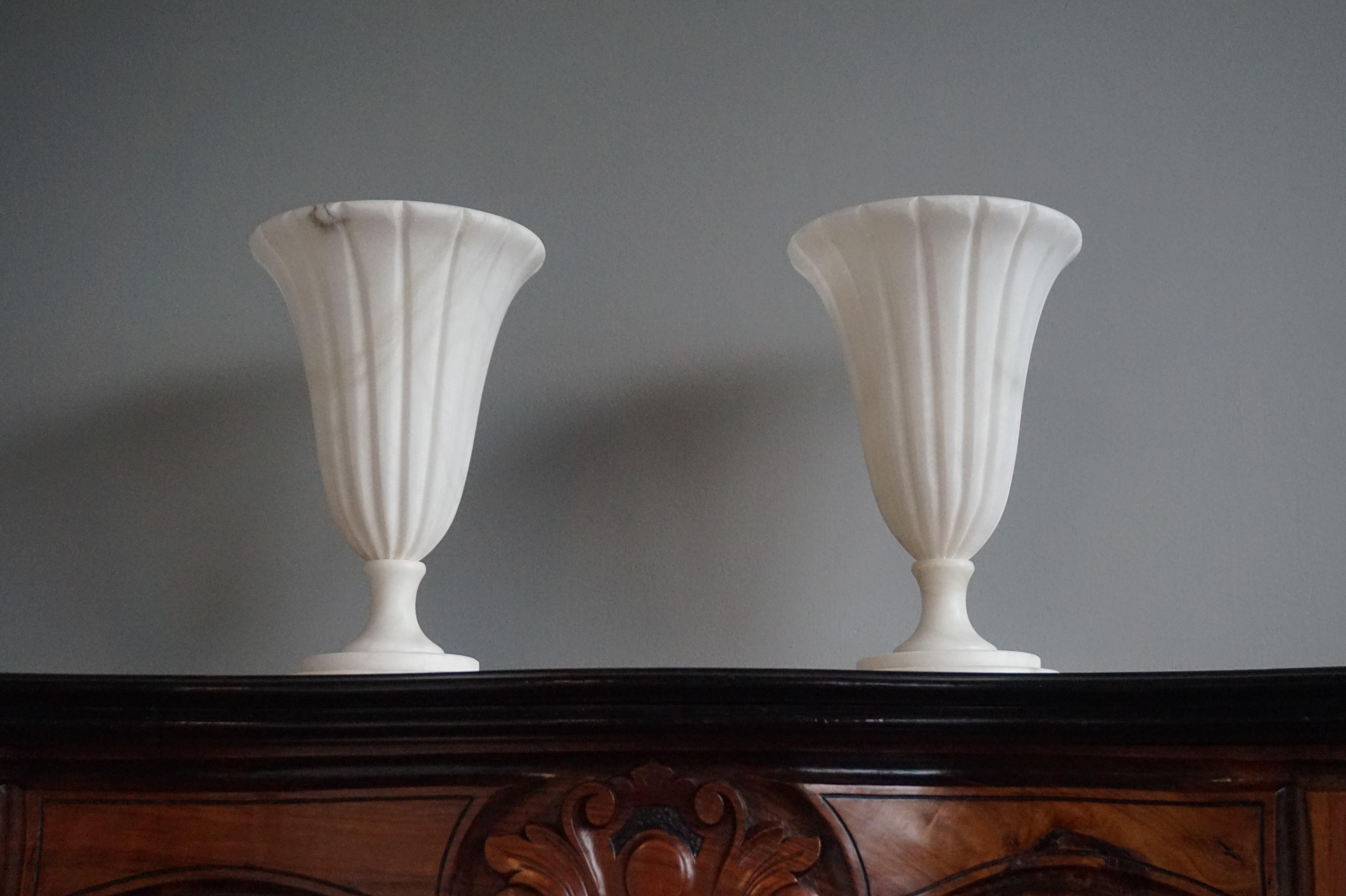 Rare Pair of Midcentury Made Alabaster Table or Desk Lamps / Classical Style For Sale 8