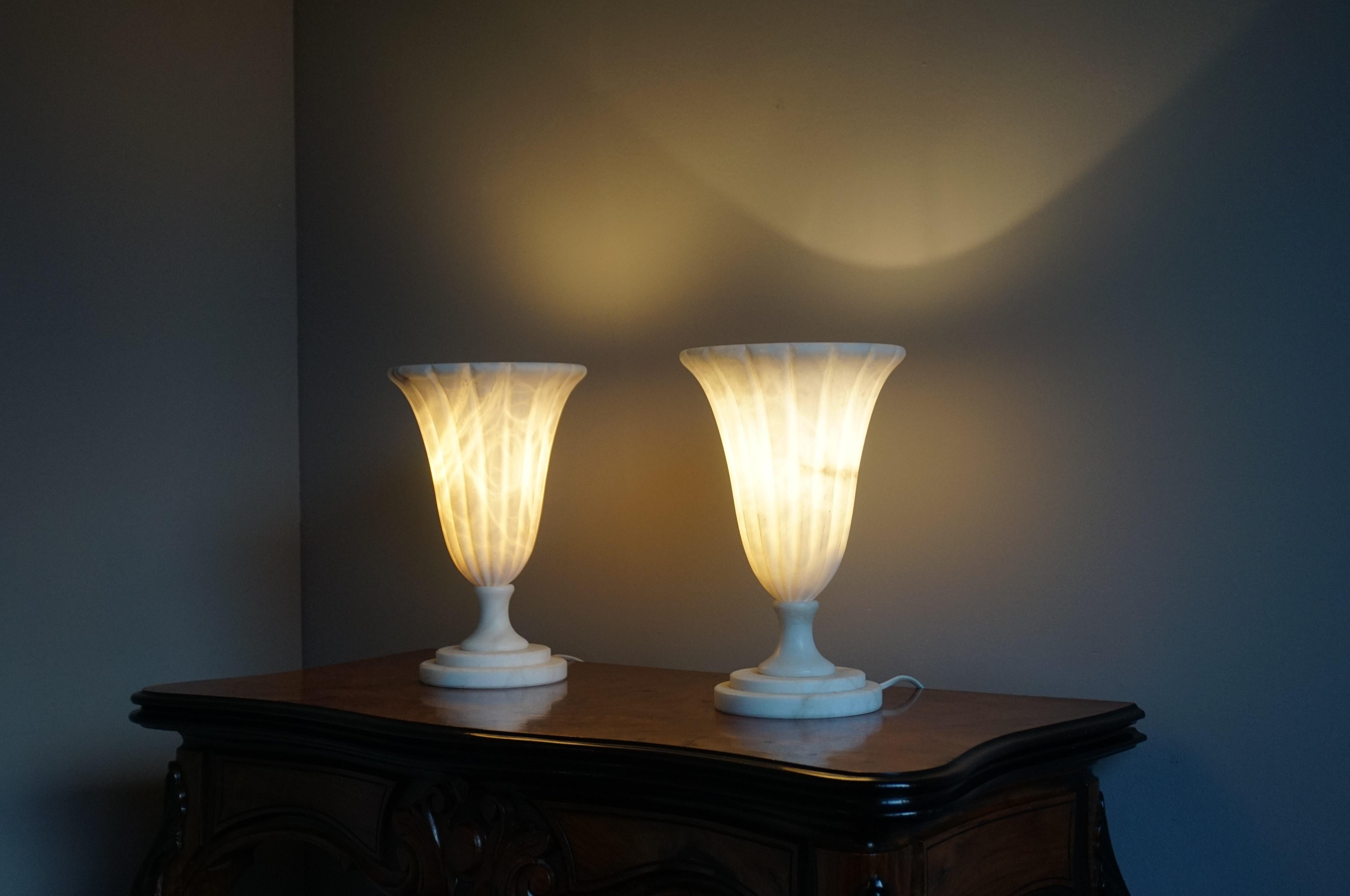 Rare Pair of Midcentury Made Alabaster Table or Desk Lamps / Classical Style For Sale 9