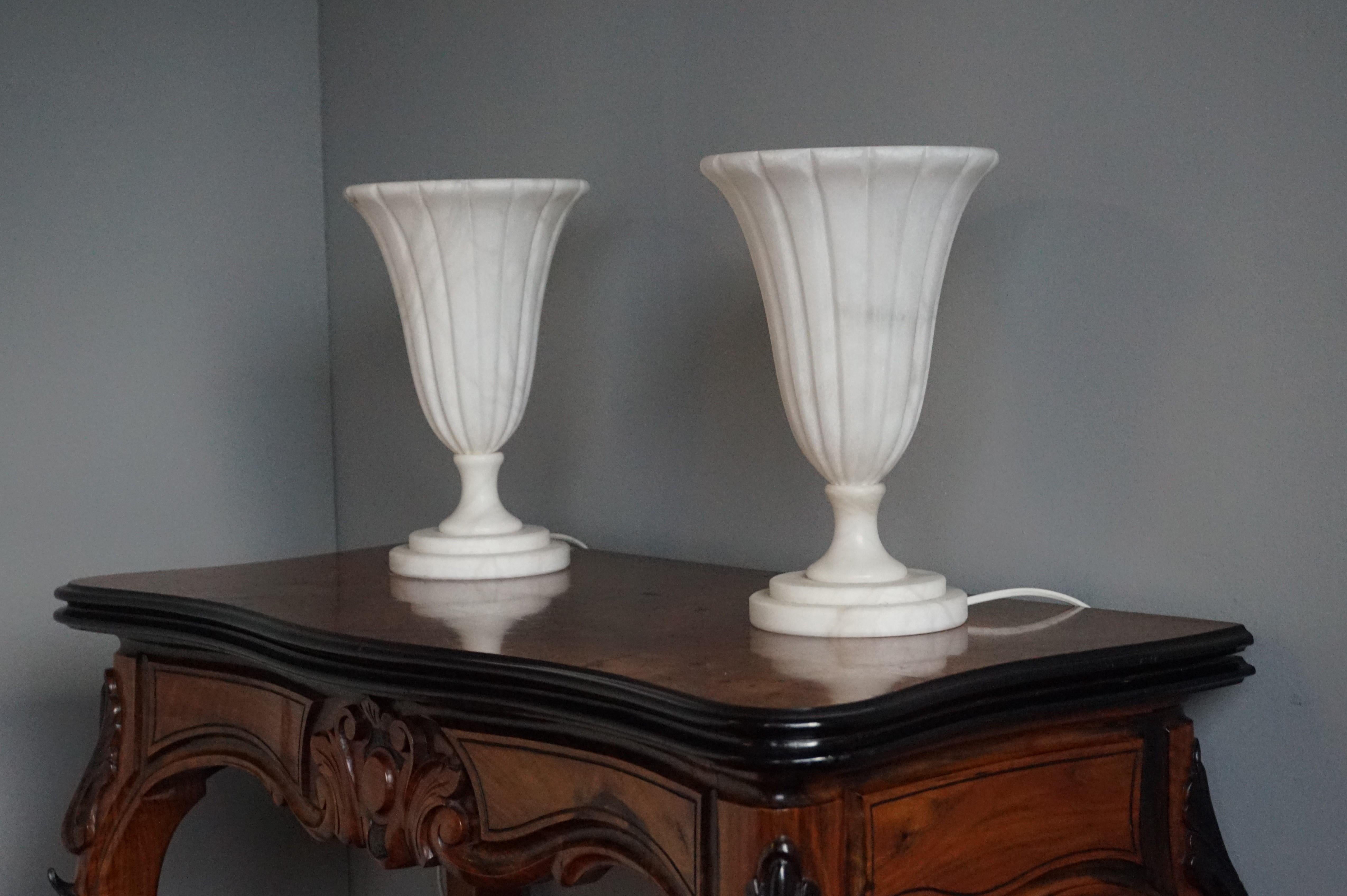 Rare Pair of Midcentury Made Alabaster Table or Desk Lamps / Classical Style For Sale 10
