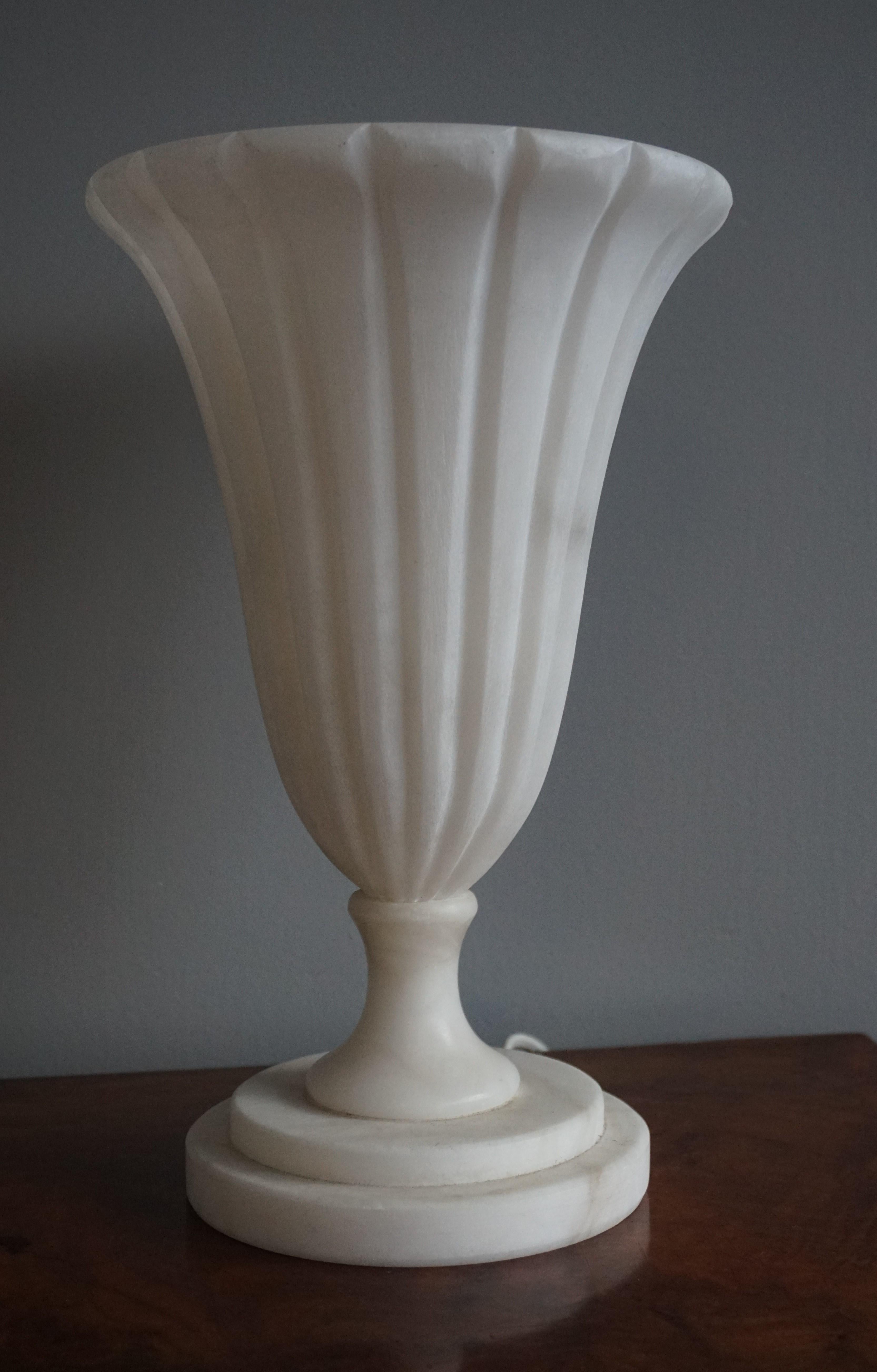 Hand-Crafted Rare Pair of Midcentury Made Alabaster Table or Desk Lamps / Classical Style For Sale