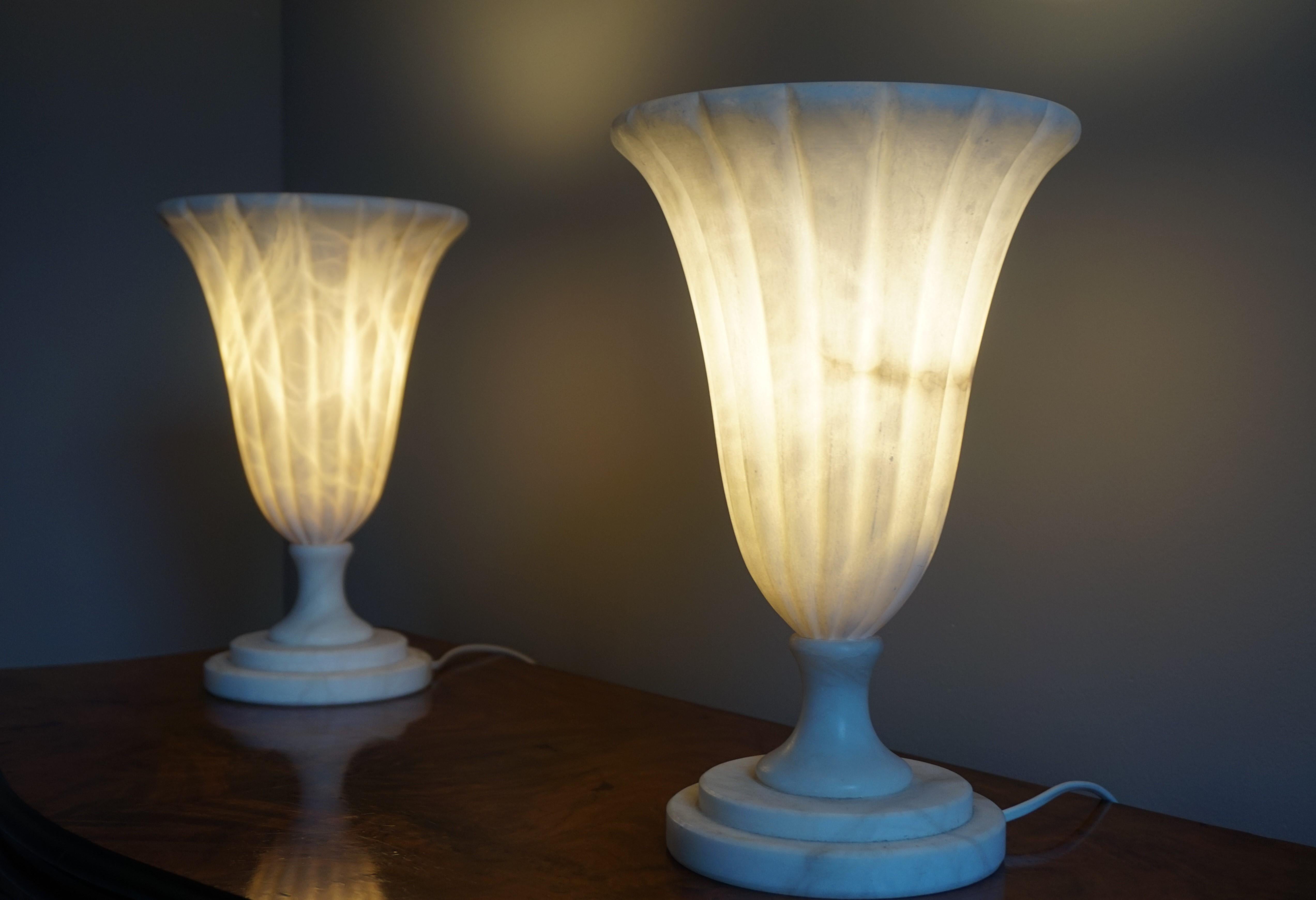 Rare Pair of Midcentury Made Alabaster Table or Desk Lamps / Classical Style For Sale 1