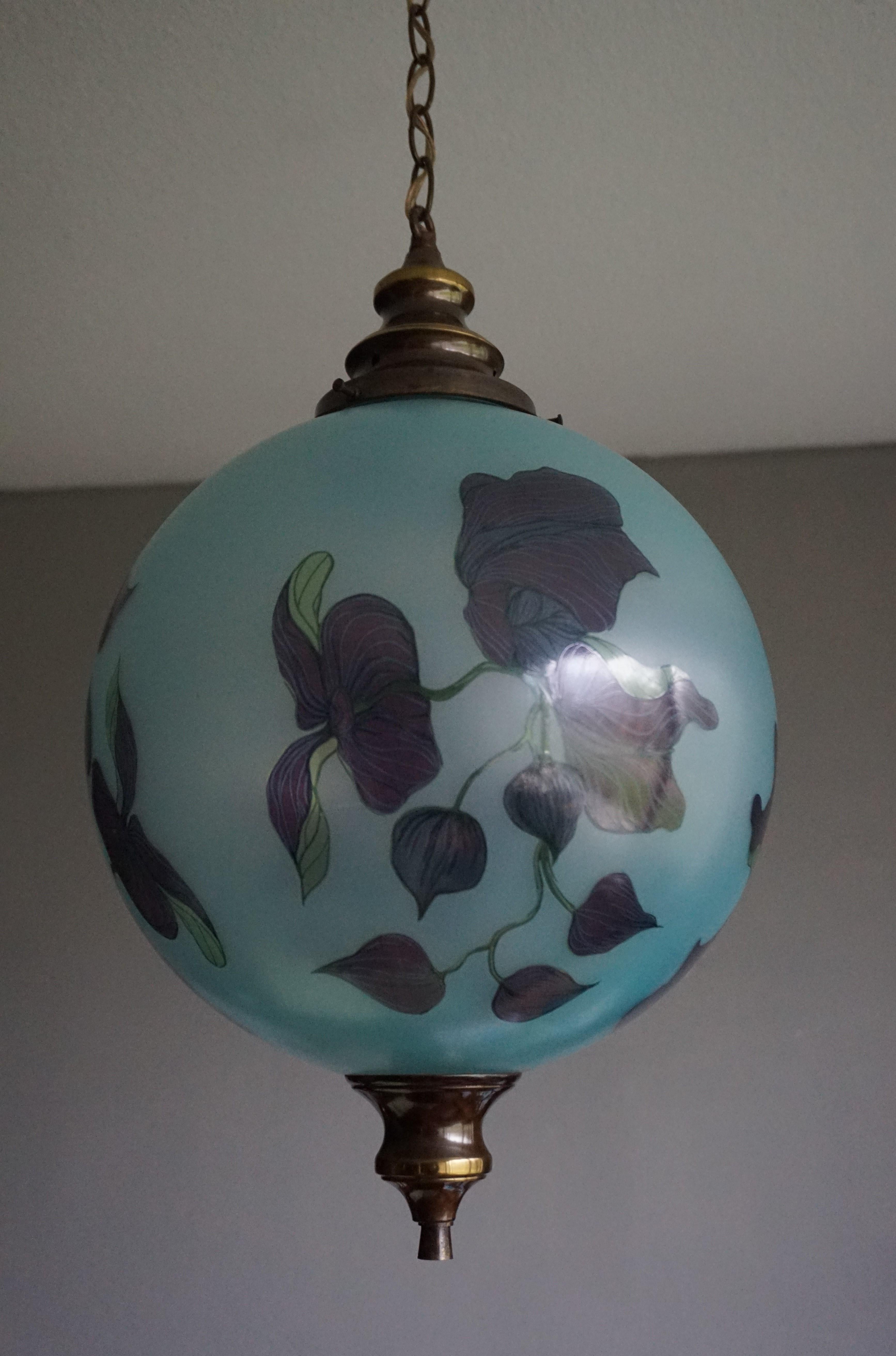 Rare Pair of Midcentury Made Glass Globe Pendant Lights with Jugendstil Flowers 4