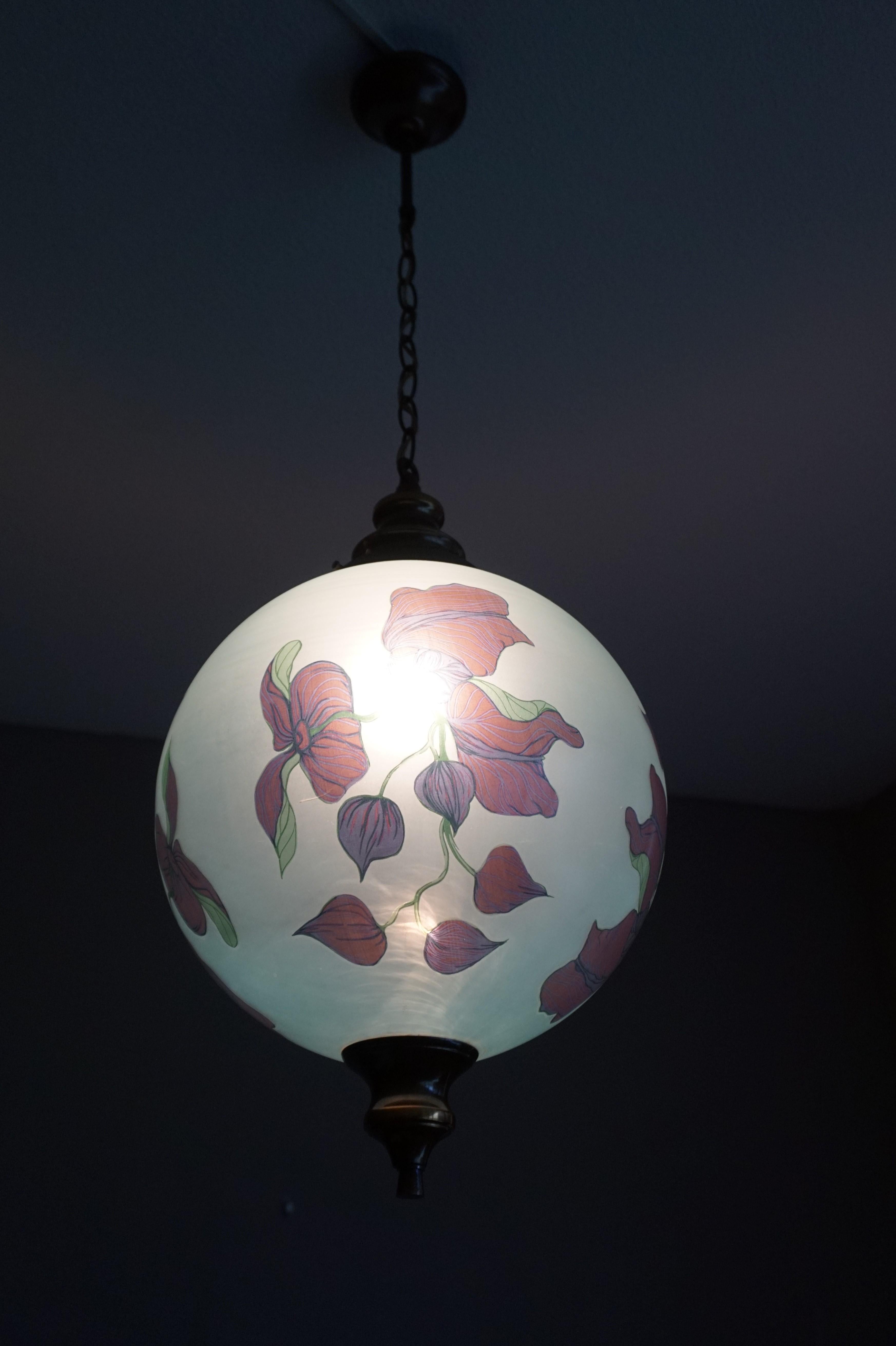Rare Pair of Midcentury Made Glass Globe Pendant Lights with Jugendstil Flowers 5