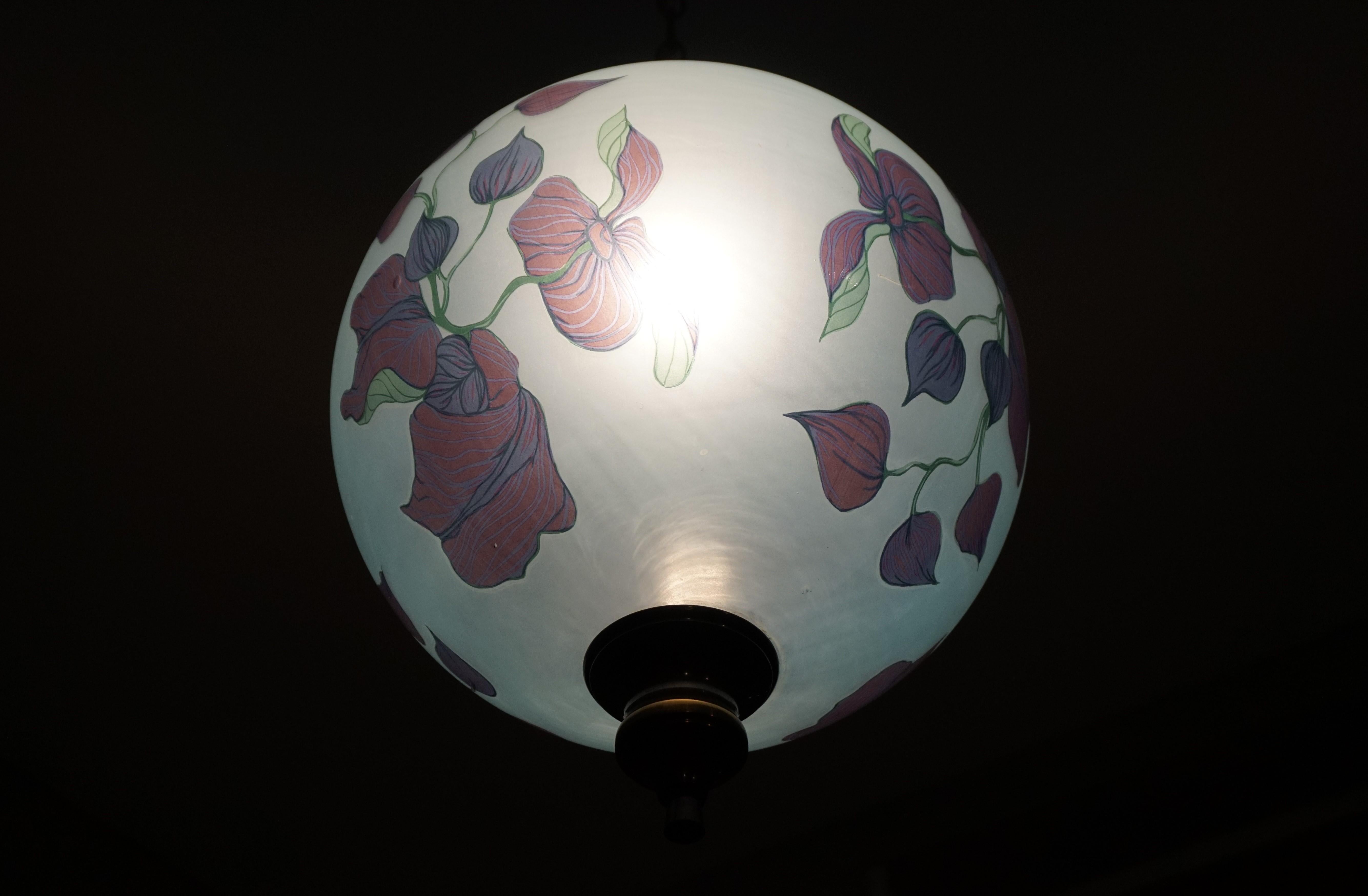 Rare Pair of Midcentury Made Glass Globe Pendant Lights with Jugendstil Flowers 7