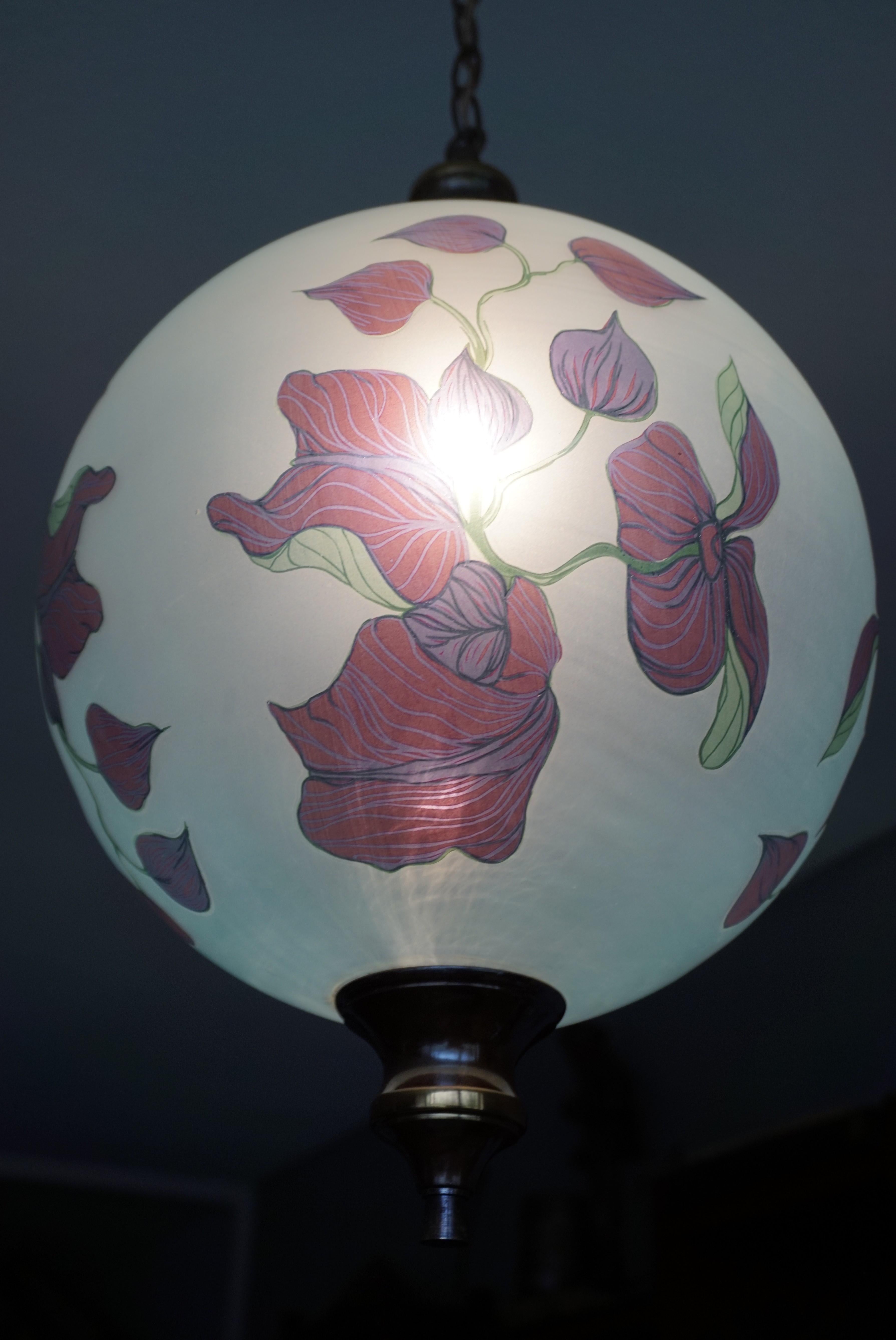 Rare Pair of Midcentury Made Glass Globe Pendant Lights with Jugendstil Flowers 8