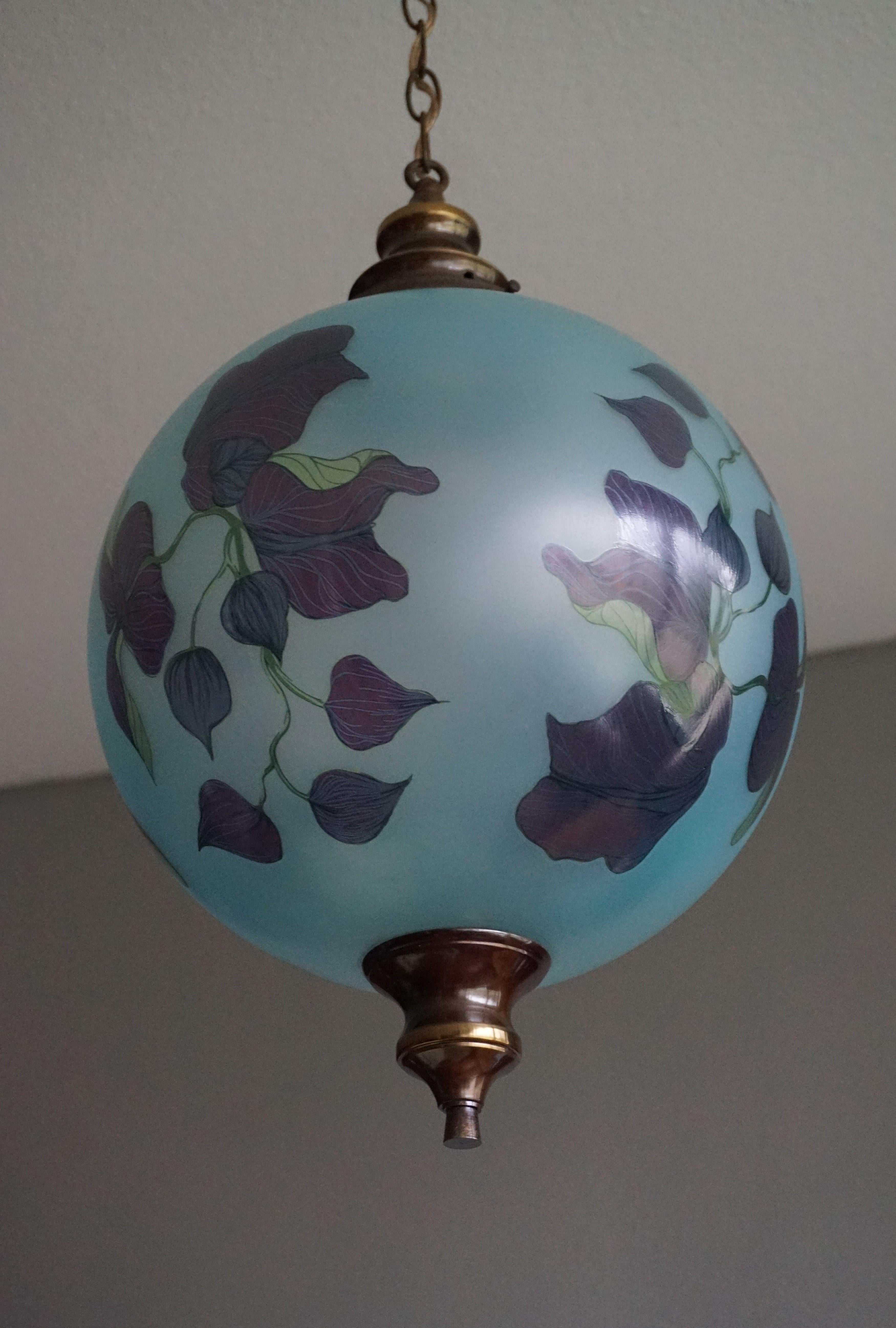 Rare Pair of Midcentury Made Glass Globe Pendant Lights with Jugendstil Flowers 9