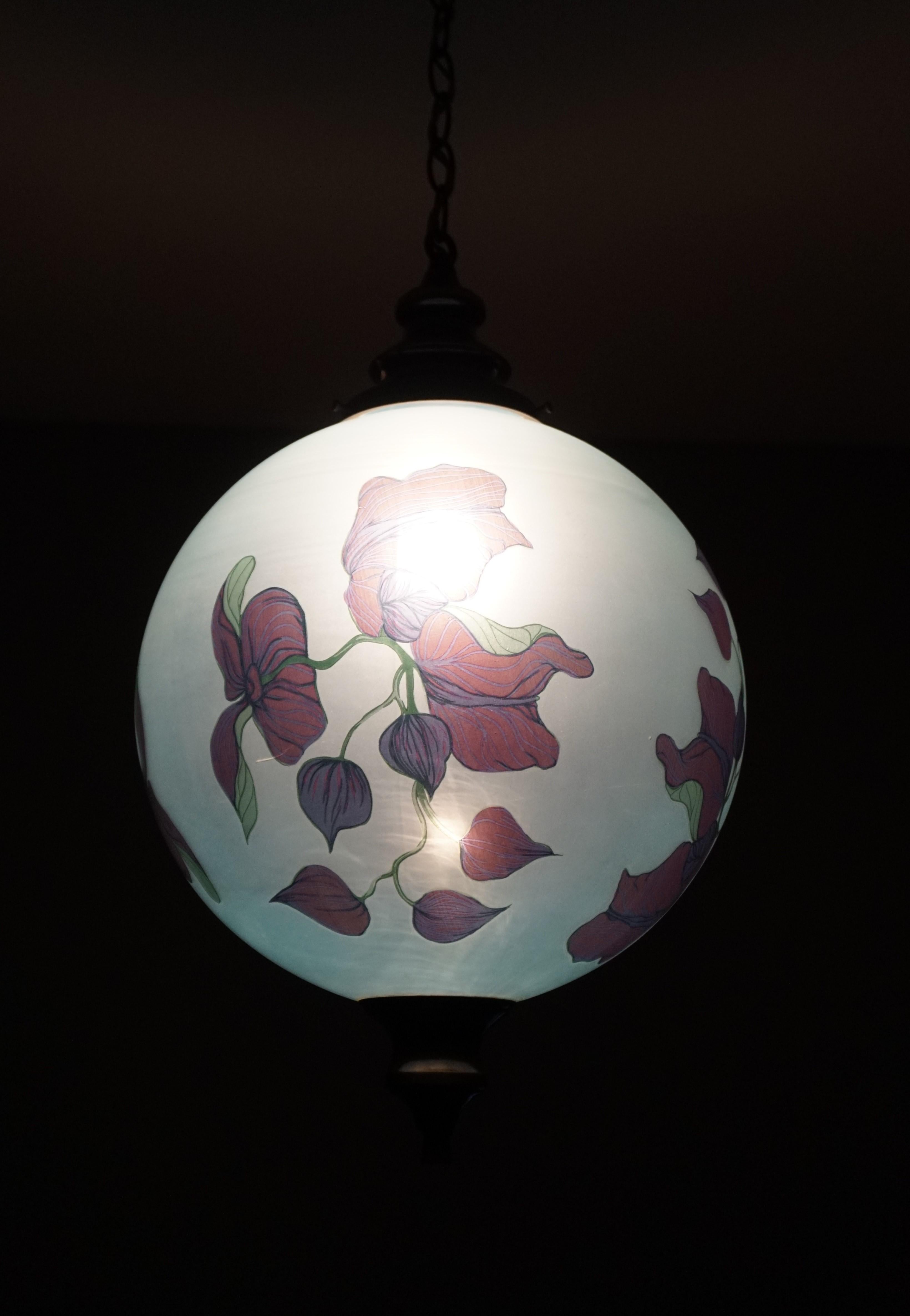 Rare Pair of Midcentury Made Glass Globe Pendant Lights with Jugendstil Flowers 11
