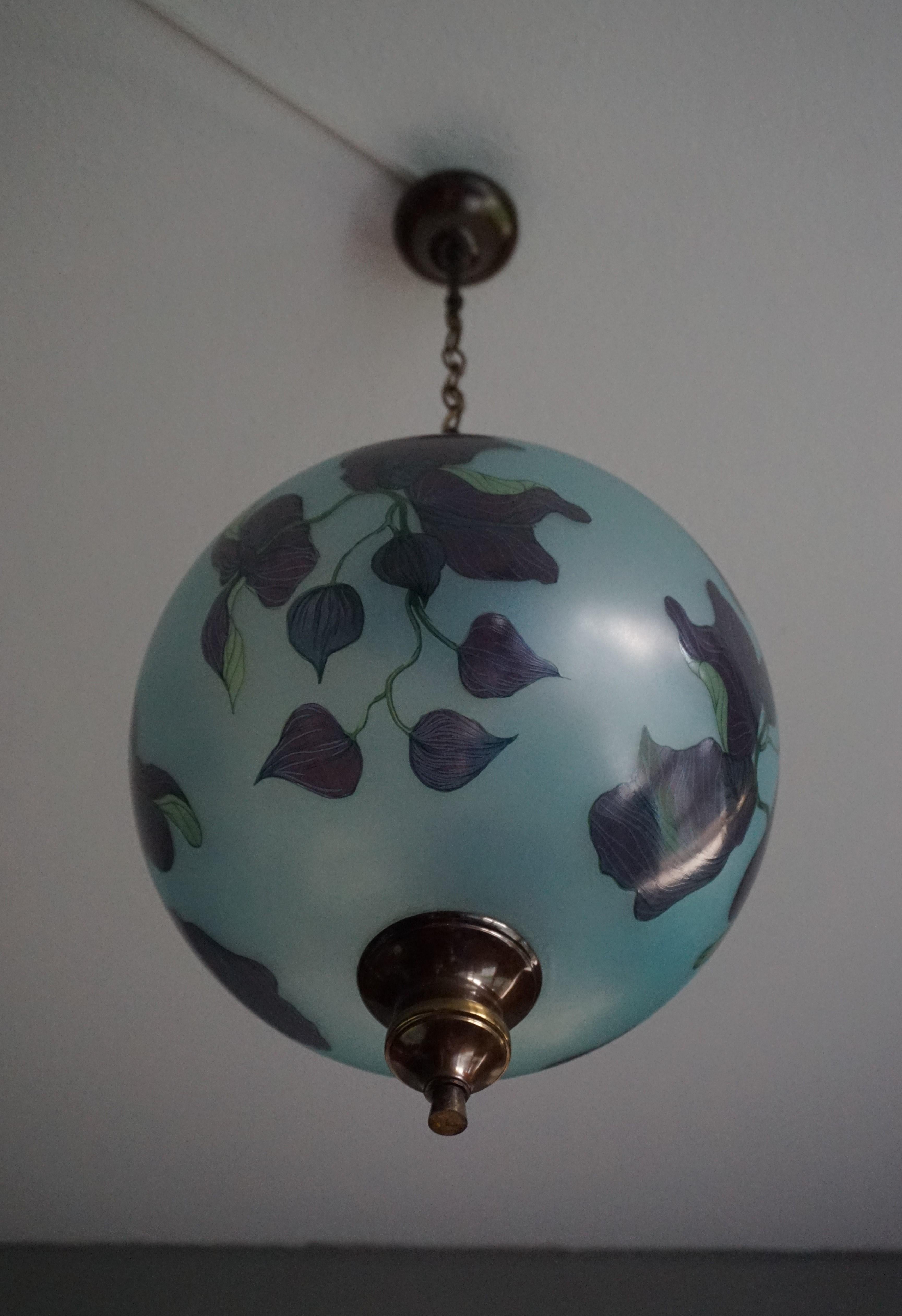 Rare Pair of Midcentury Made Glass Globe Pendant Lights with Jugendstil Flowers 12