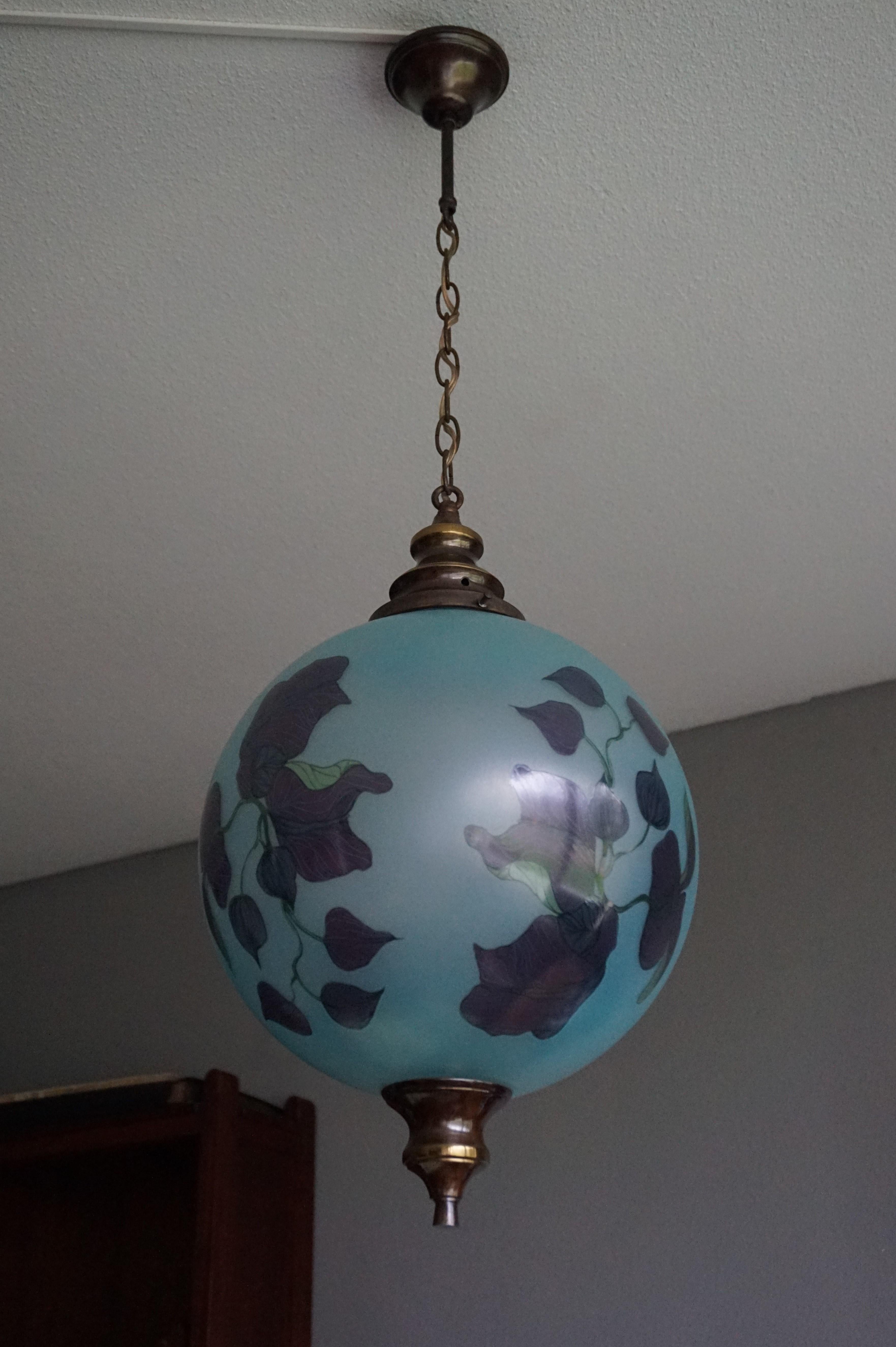 Arts and Crafts Rare Pair of Midcentury Made Glass Globe Pendant Lights with Jugendstil Flowers