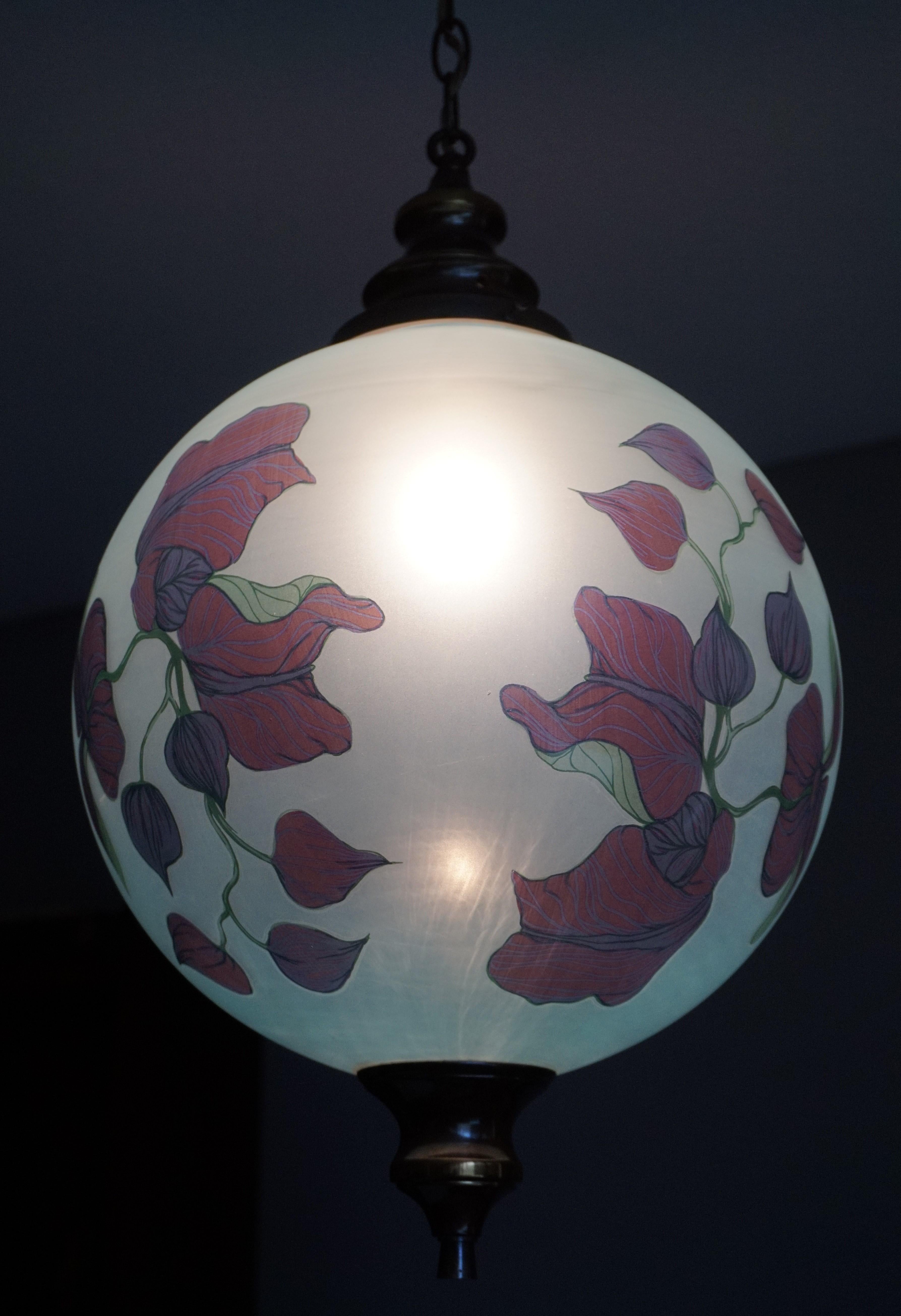 European Rare Pair of Midcentury Made Glass Globe Pendant Lights with Jugendstil Flowers