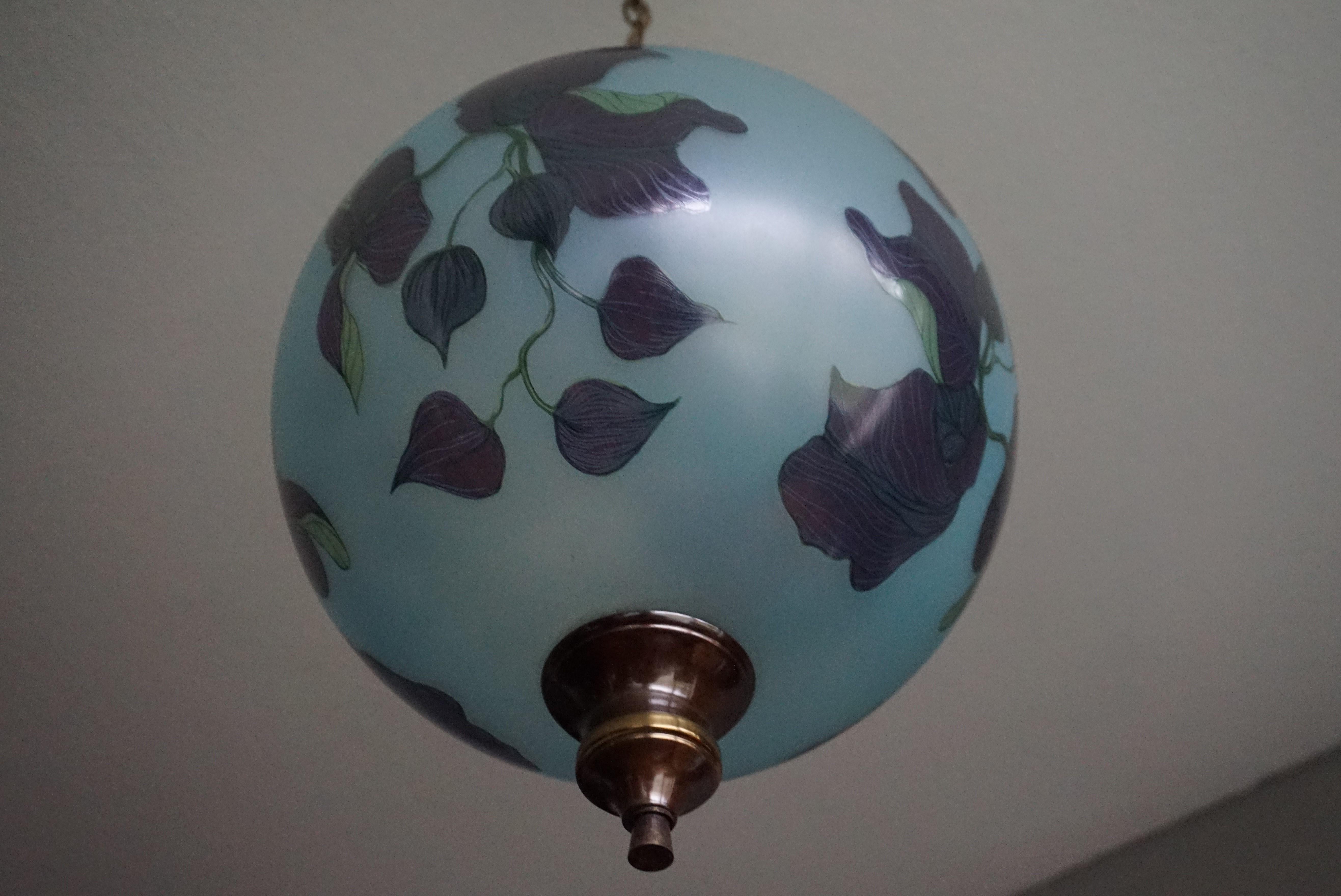 Hand-Crafted Rare Pair of Midcentury Made Glass Globe Pendant Lights with Jugendstil Flowers