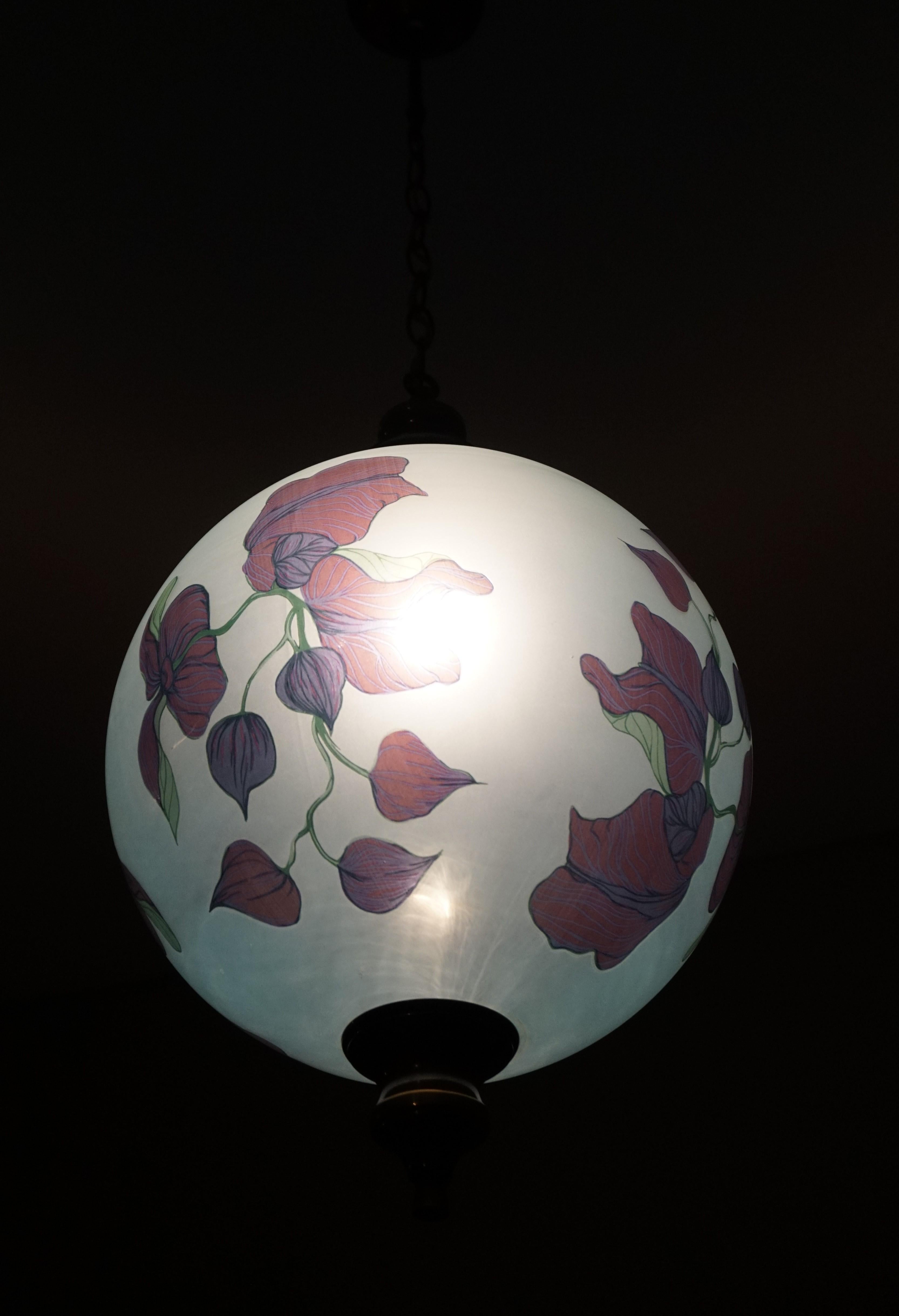 20th Century Rare Pair of Midcentury Made Glass Globe Pendant Lights with Jugendstil Flowers