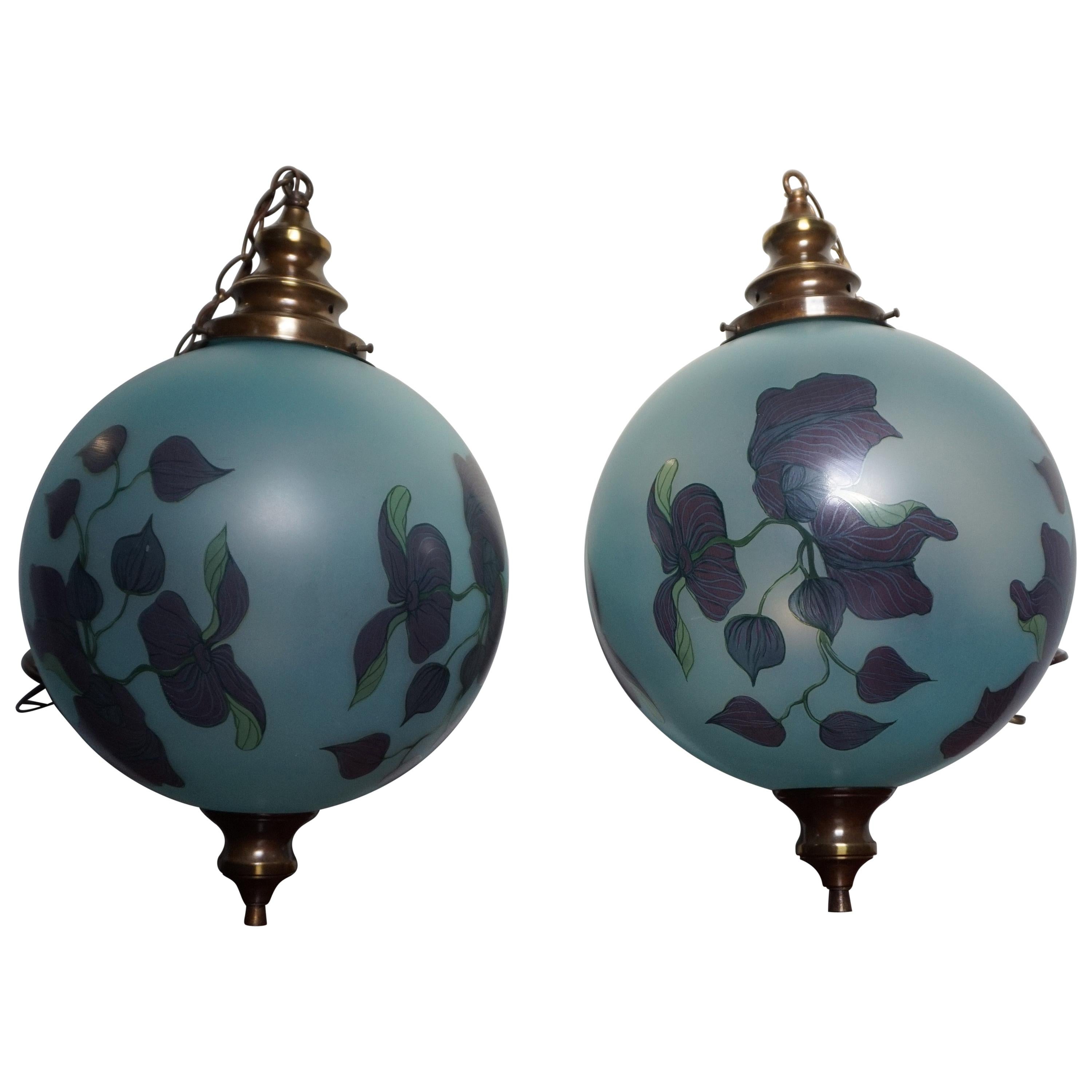 Rare Pair of Midcentury Made Glass Globe Pendant Lights with Jugendstil Flowers
