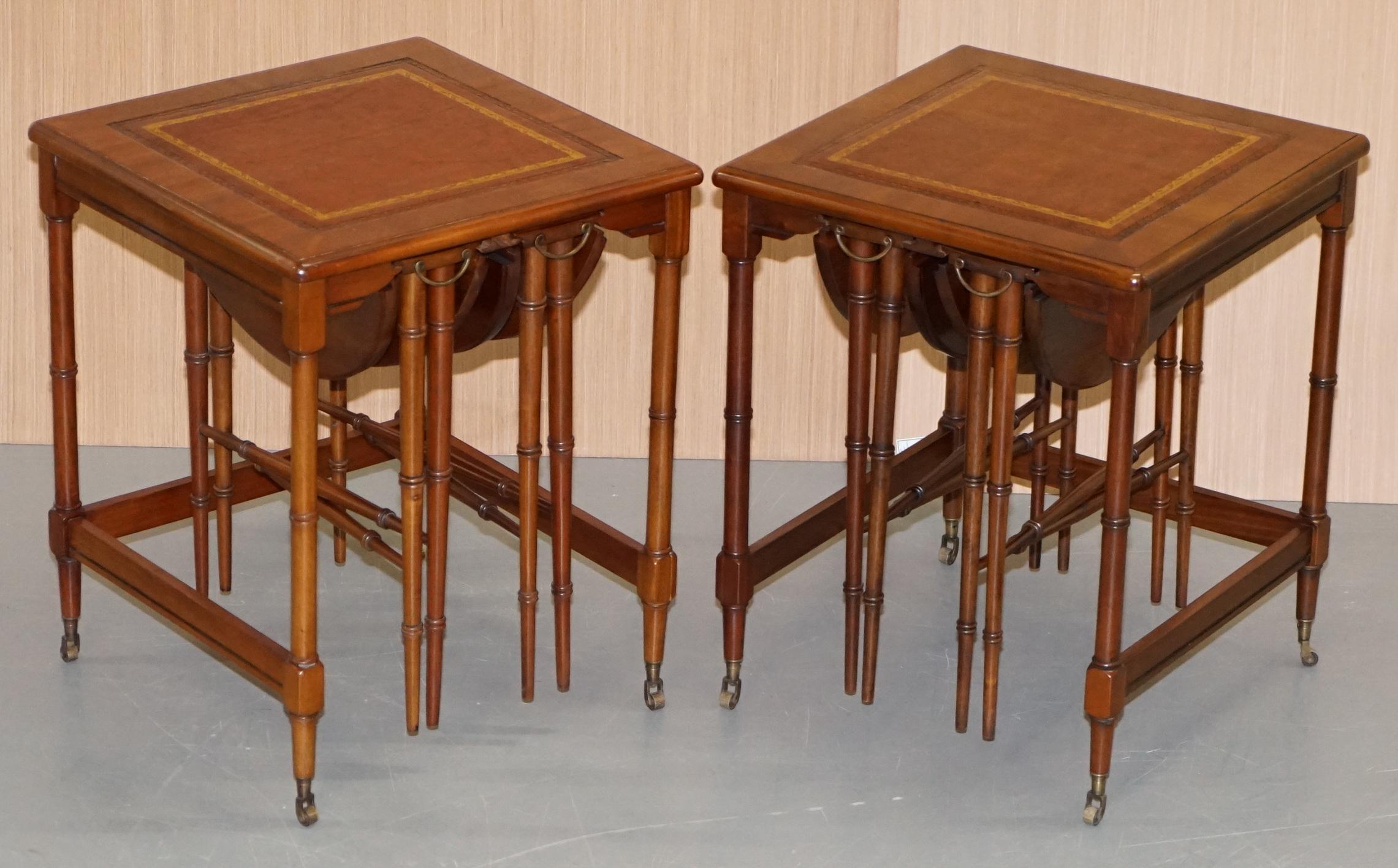 We are delighted to offer for sale this very rare pair of brown leather topped with gold leaf embossed edge Military Campaign tables with folded round tables inside

A very good looking and rare set of tables, each piece has a premium cattle hide