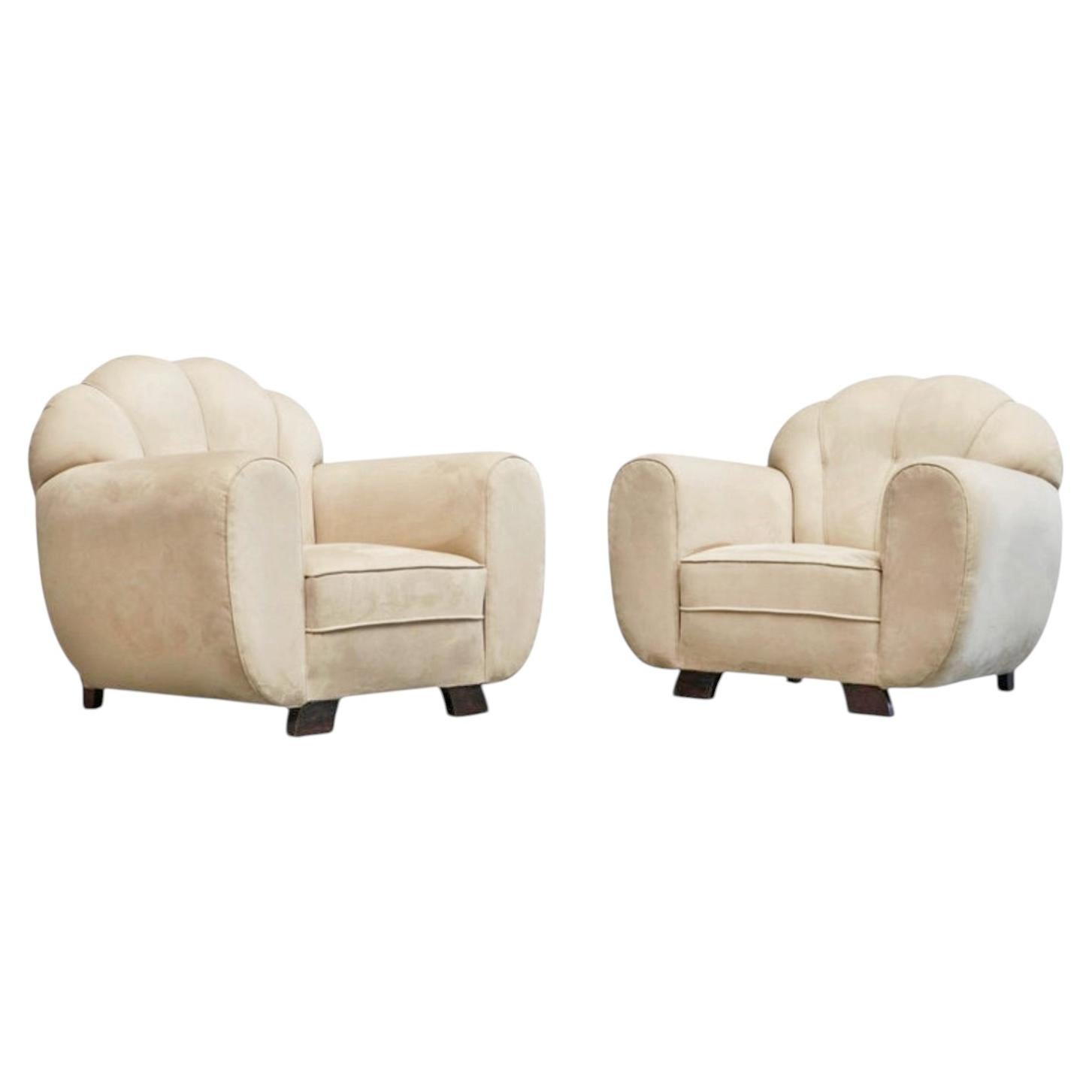 Rare Pair of Monumental Art Deco Lounge Chairs in Alcantara 1930s For Sale